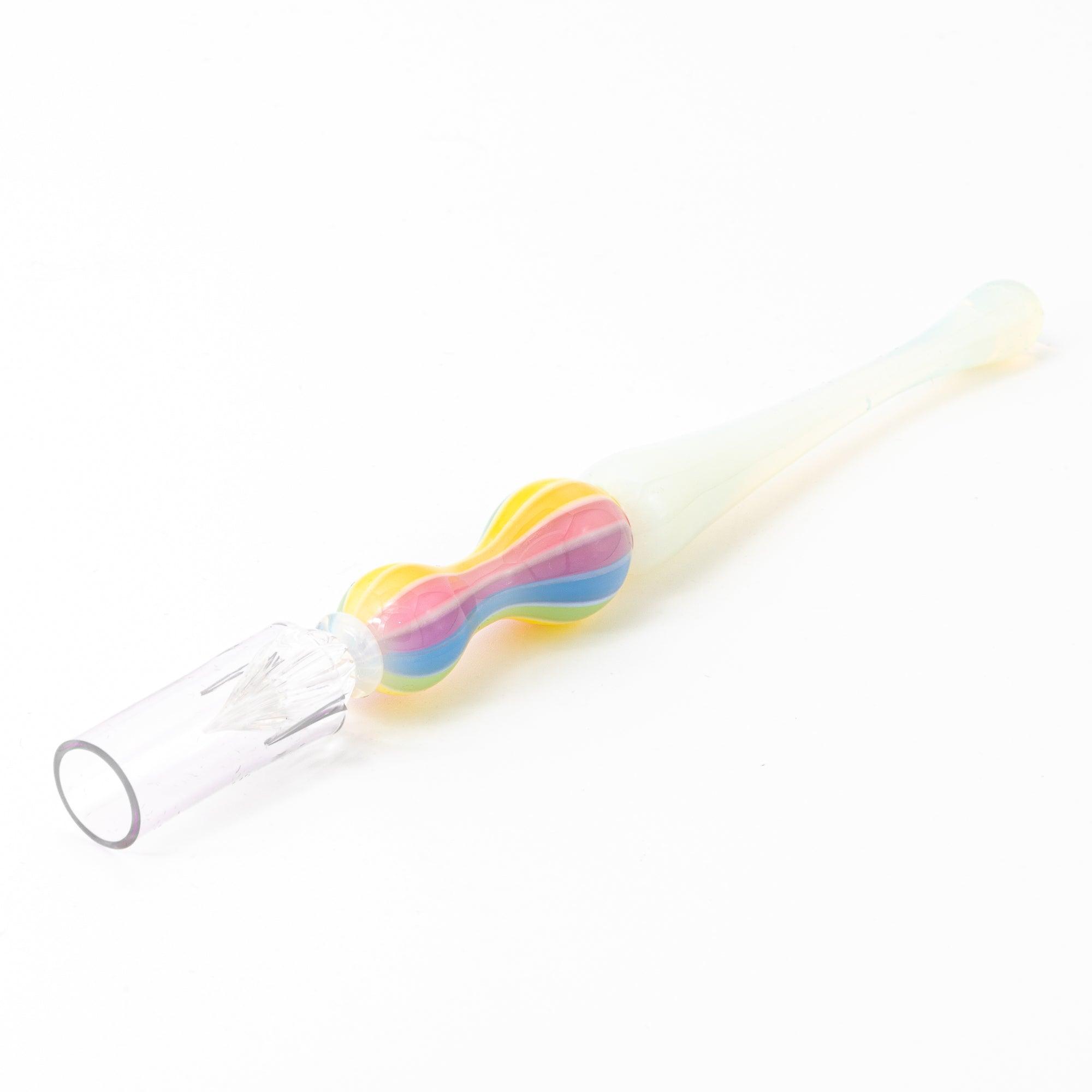 Full view of a glass pen with a rainbow-colored handle on a white background. Ideal for collectors of Japanese stationery.