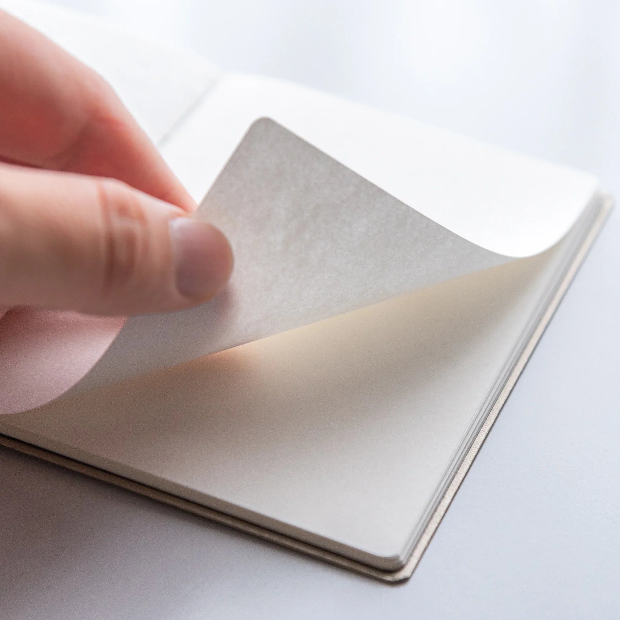 Turning pages of Dressco Bank Ledger Paper Japanese Notebook in Lime Gold showing texture.