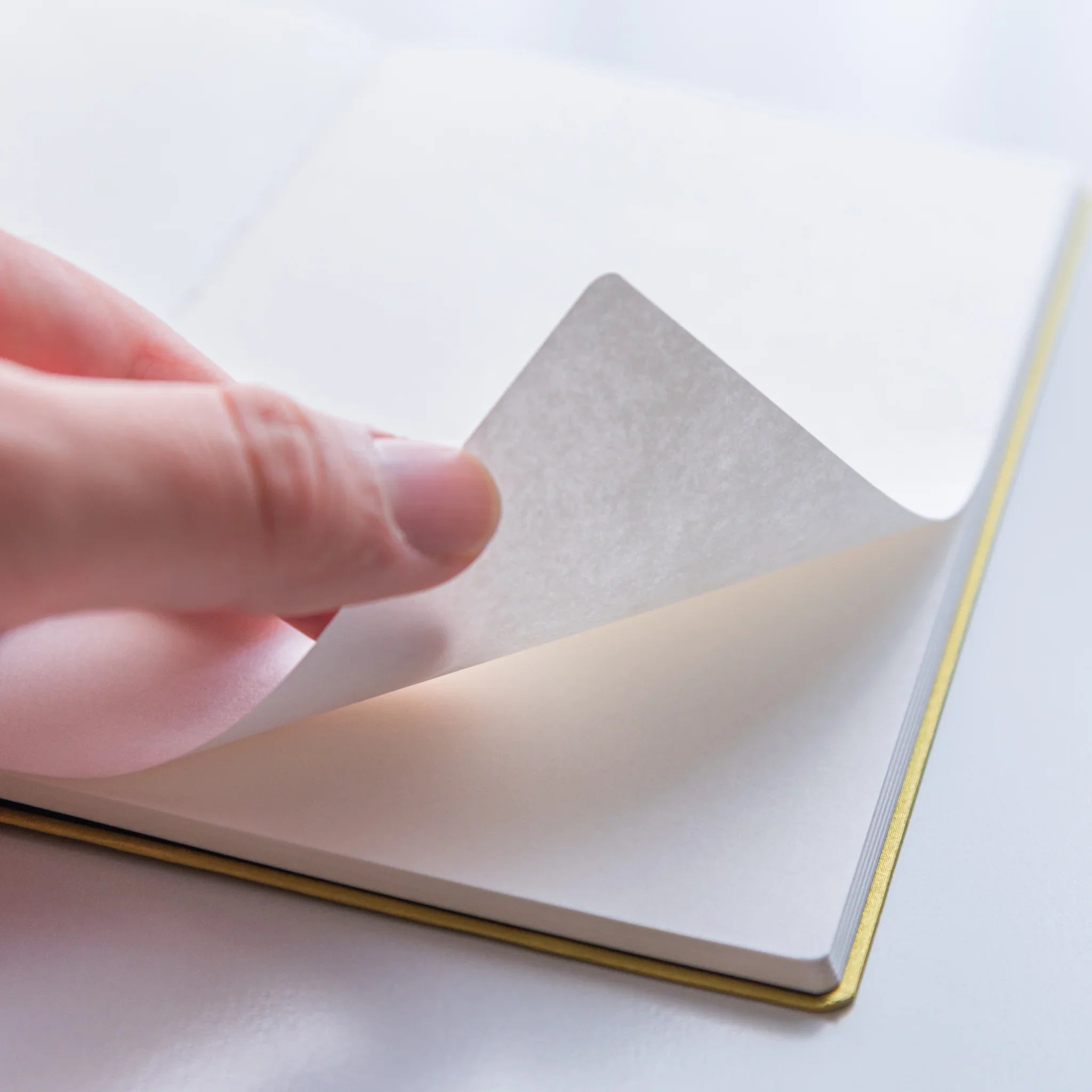 Close-up of turning a page in Dressco Bank Ledger Paper Japanese Notebook smooth fine paper texture.