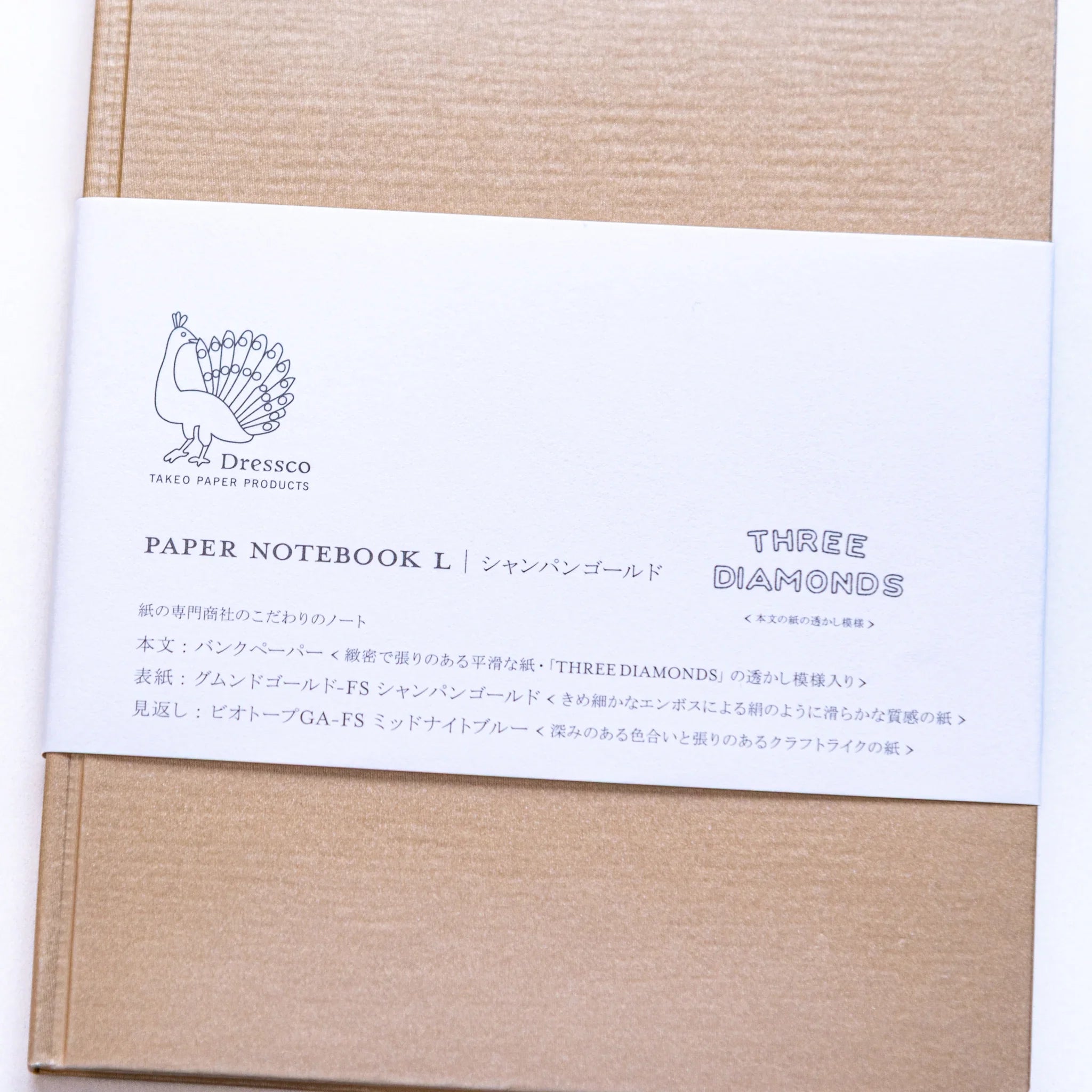 Close-up of Dressco Bank Ledger Paper Japanese Notebook B6 showing label text and texture.