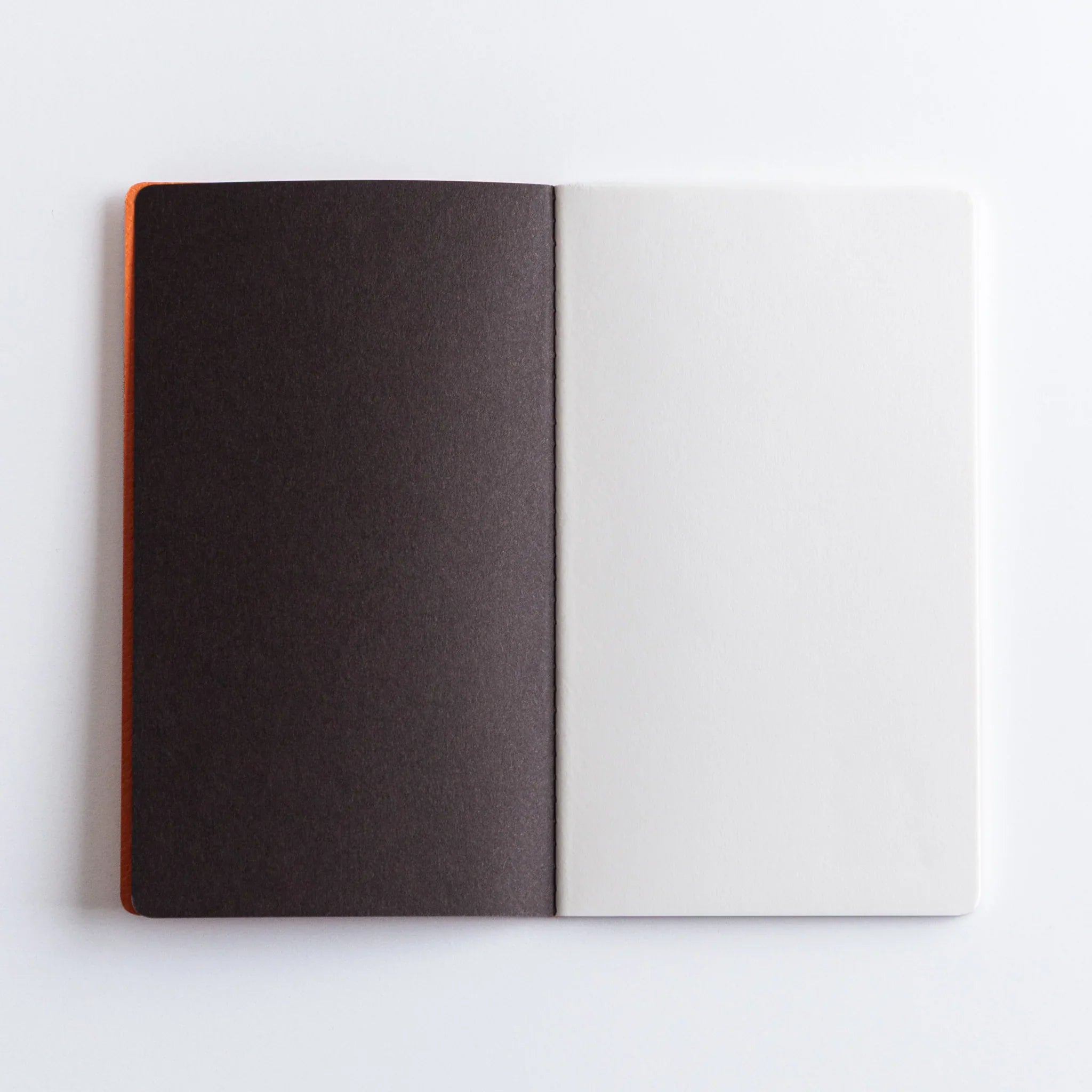 Open view showing dark brown and white paper inside Dressco Bank Ledger Paper Stitched Japanese Notebook, Orange.