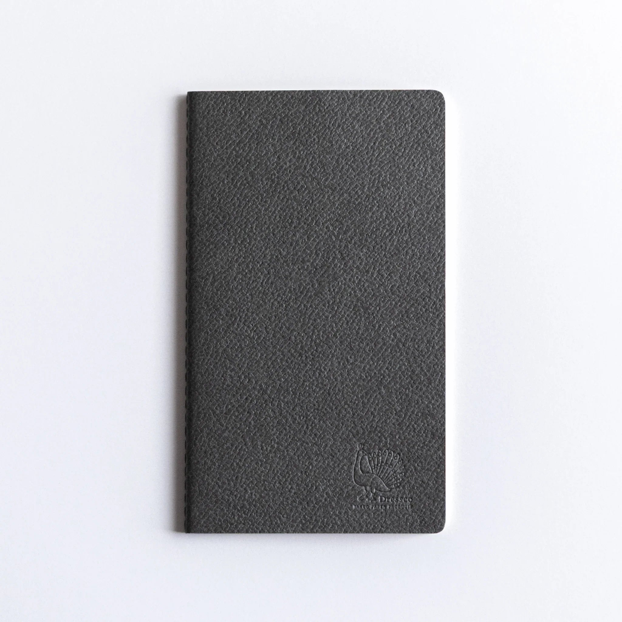 Front view of Dressco Bank Ledger Paper Stitched Japanese Notebook, Gray, with embossed logo.