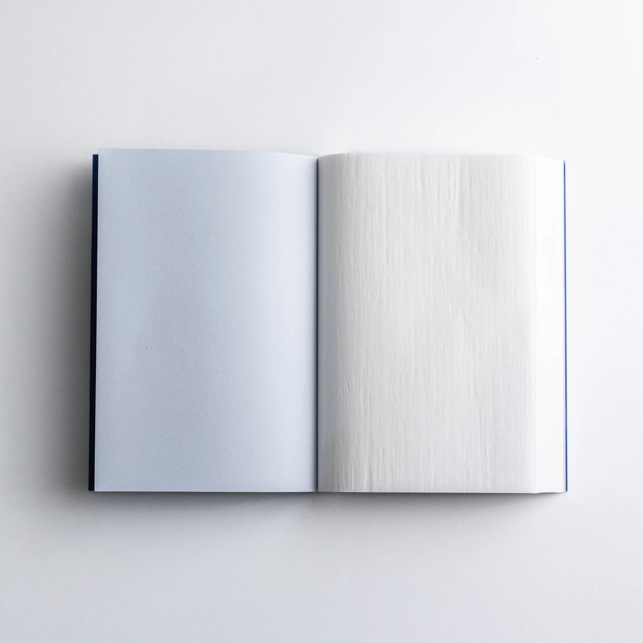 Open pages of Dressco Blue Onion Skin Japanese Notebook A6 with pale blue and white sheets.
