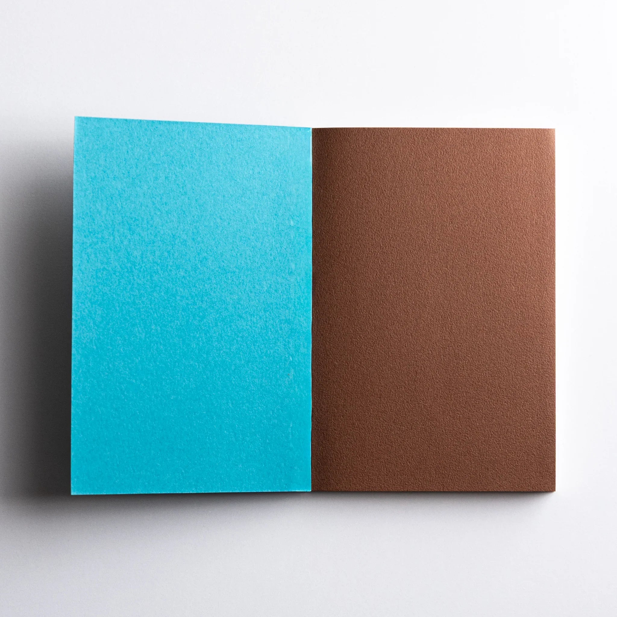 Inside cover of Dressco Teal Blue Onion Skin Japanese Notebook A6 showing teal and brown pages.