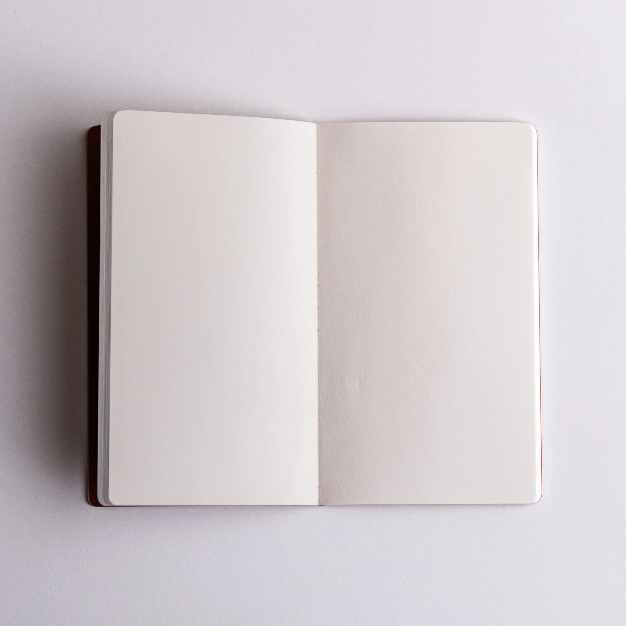 Open Japanese notebook made from Bank Ledger Paper displaying two blank pages on white surface.