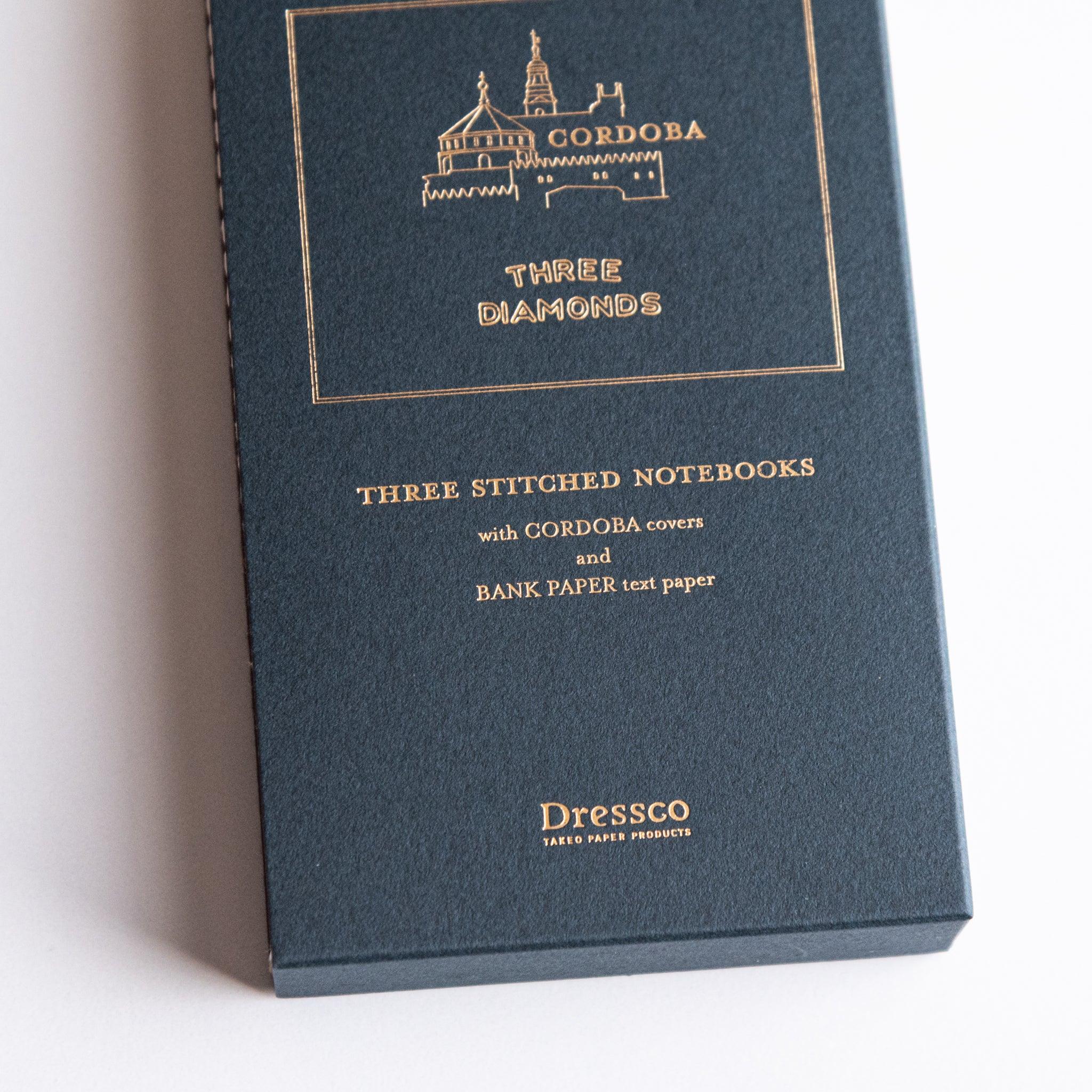 Dark blue Cordoba paper case for three stitched Japanese notebooks made with Bank Ledger Paper.