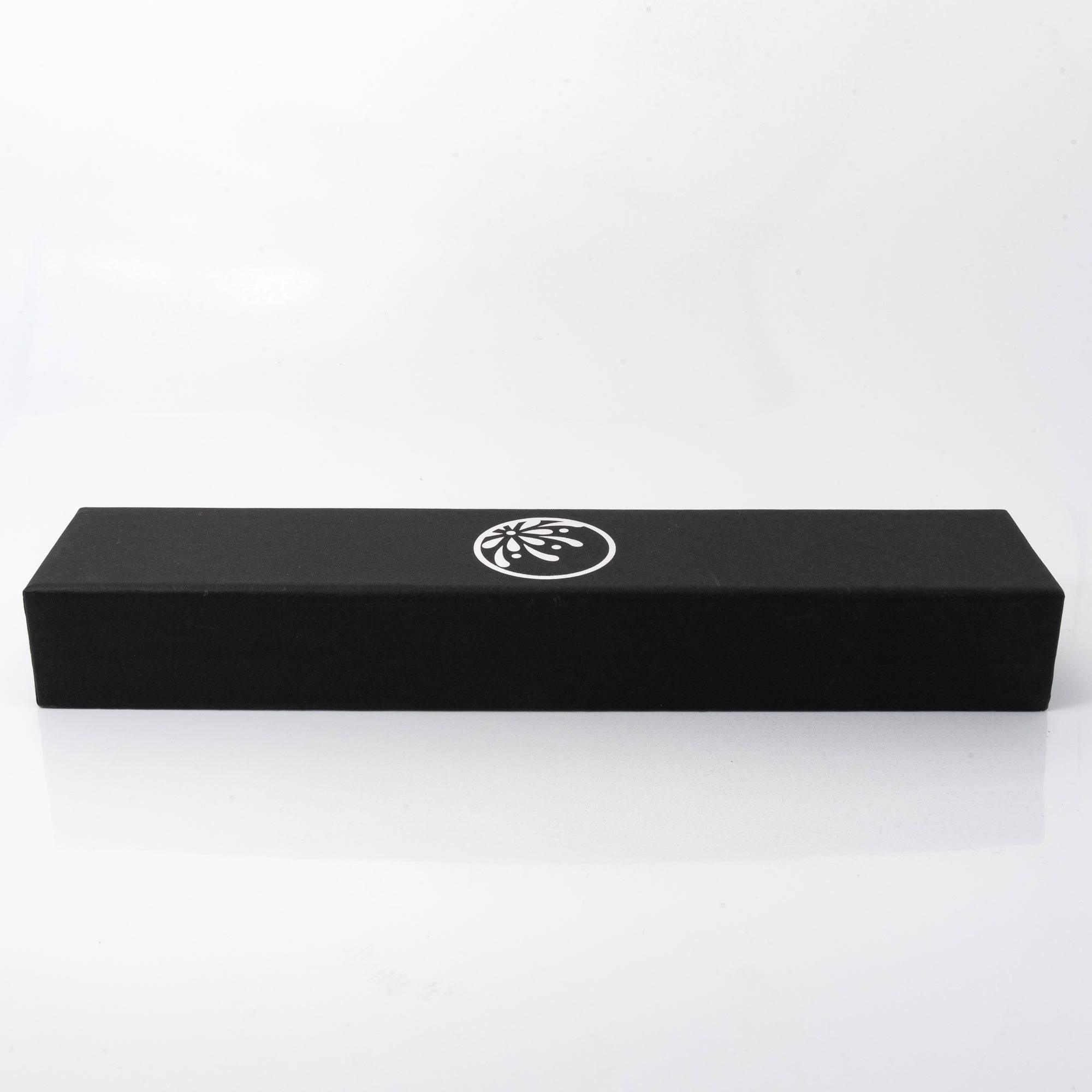 A sleek black box featuring the Hanabi Glass Studio logo, designed for storing and presenting the exquisite glass pens.