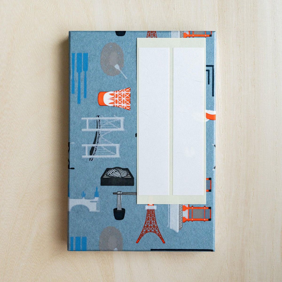 Edo Tokyo goshuincho stamp book slate blue cover with two blank white paper title labels placed on it