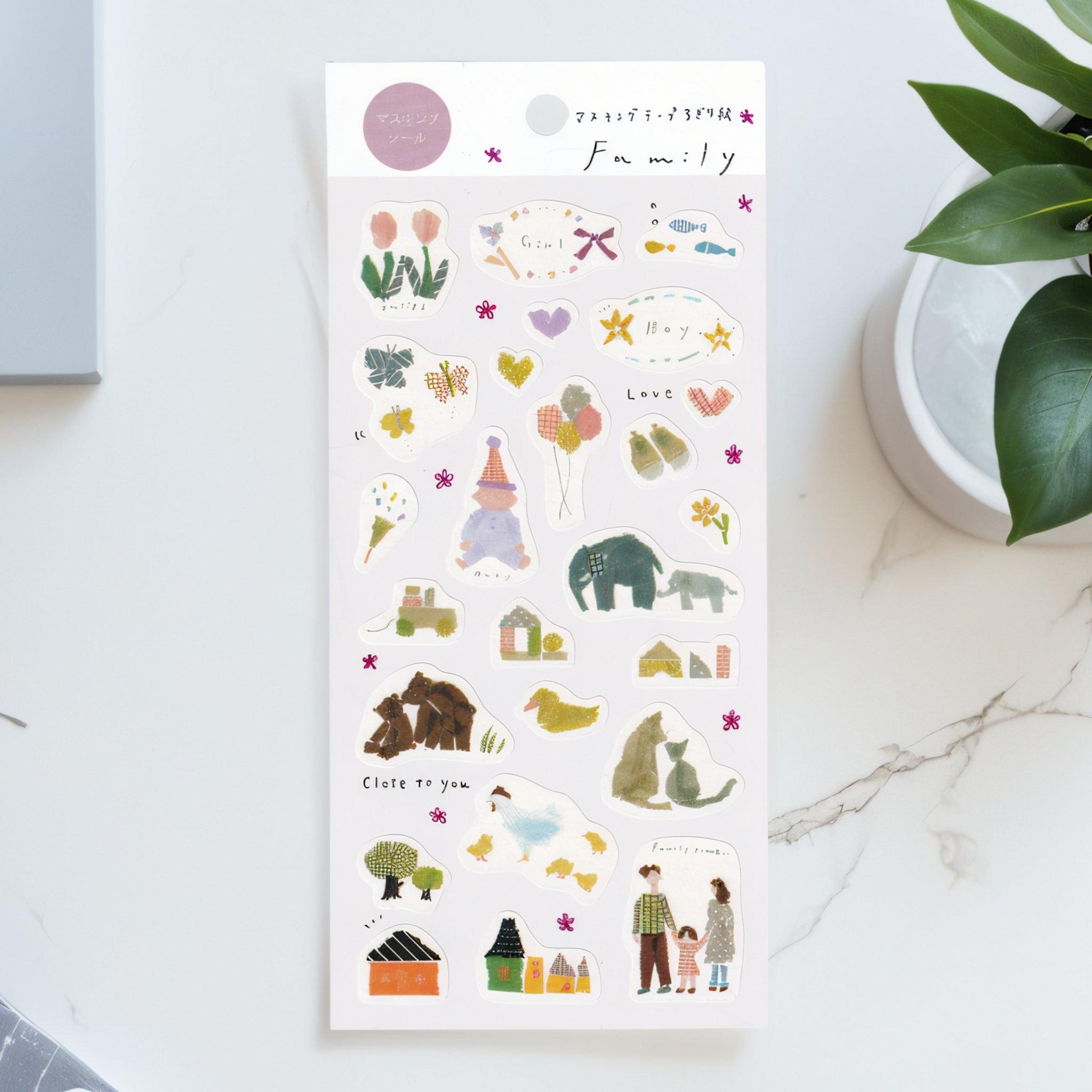 A Japanese stationery washi sticker sheet featuring heartwarming family-themed designs, including animals, houses