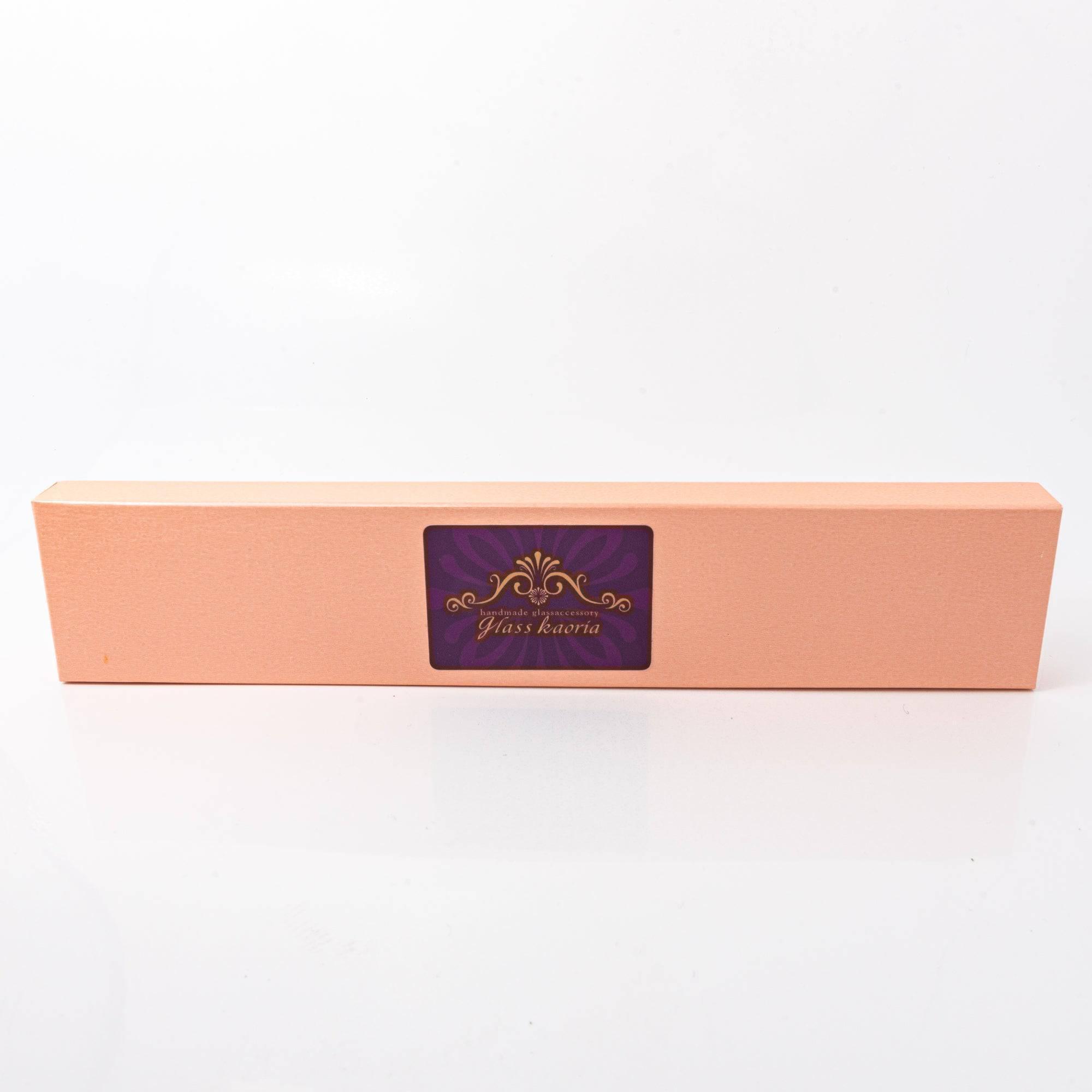 Elegant pastel pink box with Glass Kaoria branding, designed to hold handcrafted glass dip pens with a luxurious presentation.