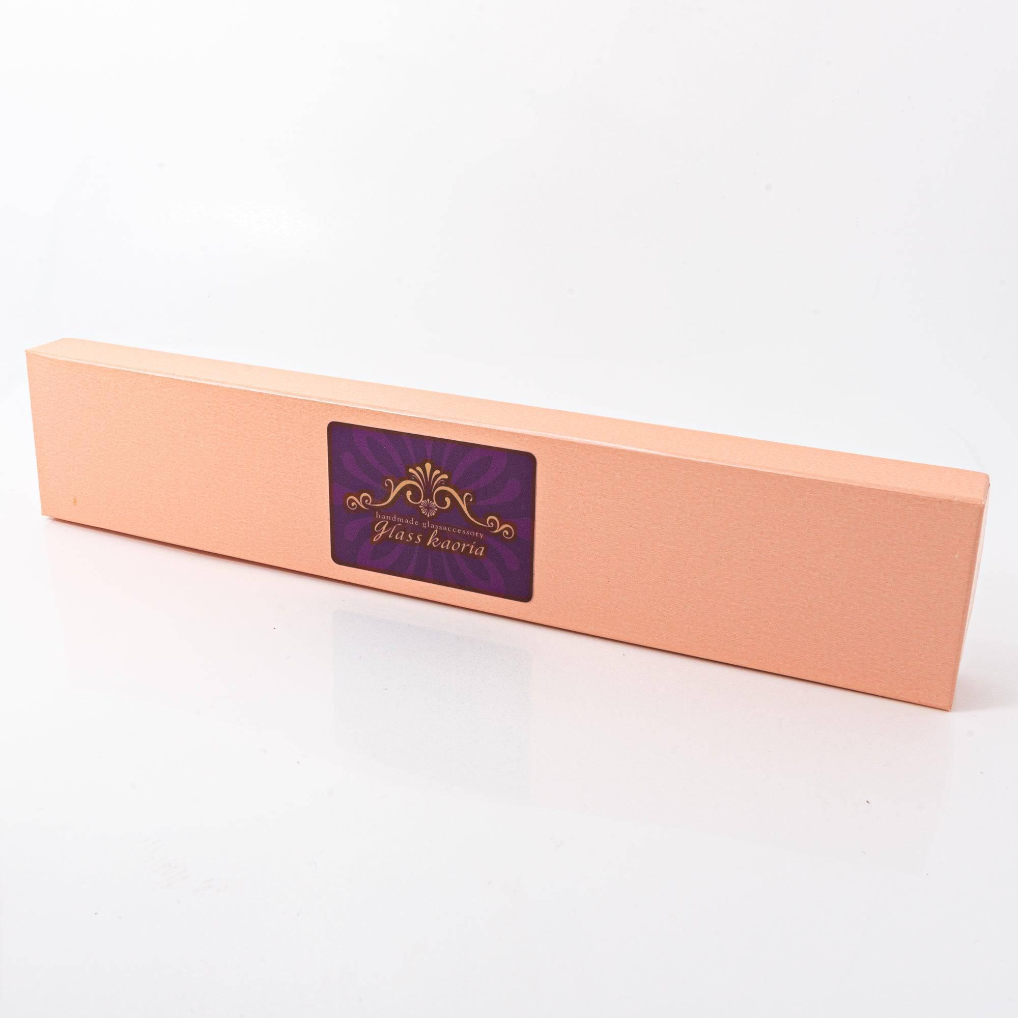 Elegant pastel pink box with Glass Kaoria branding, designed to hold handcrafted glass dip pens with a luxurious presentation.