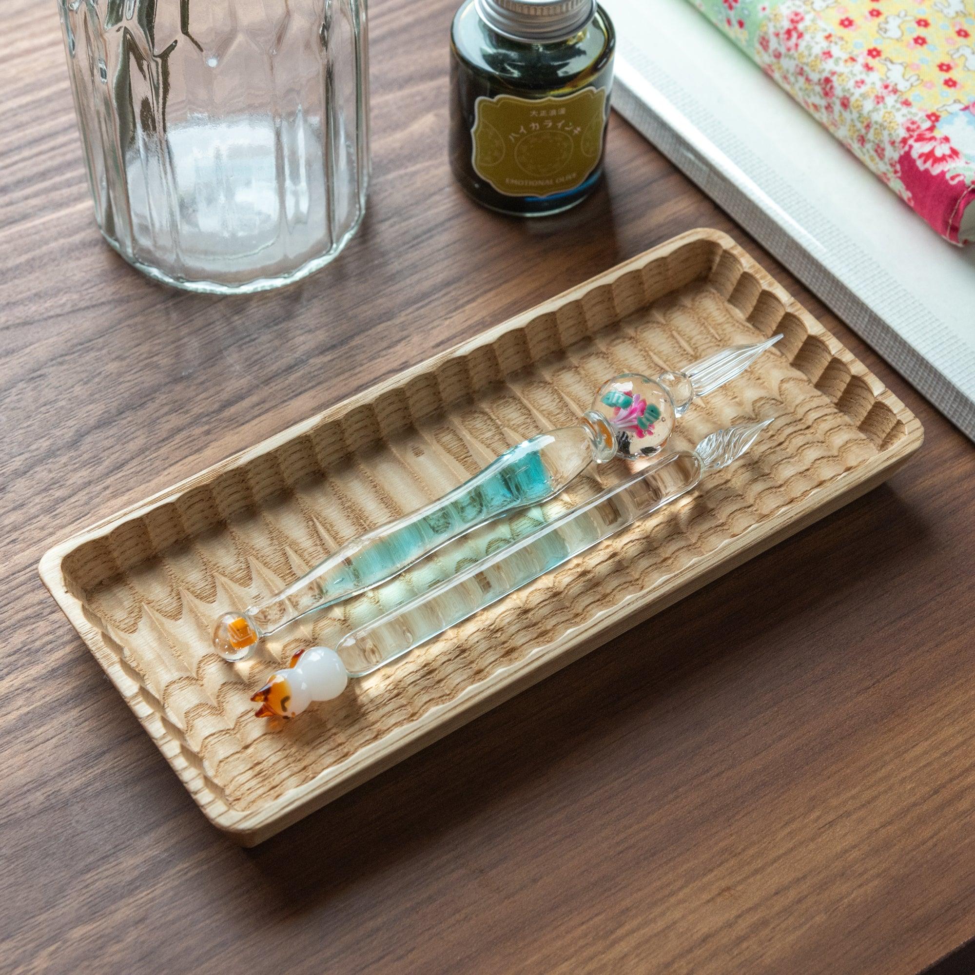 Hand-Carved Slim Wagatabon Japanese Chestnut Pen Tray - Komorebi Stationery