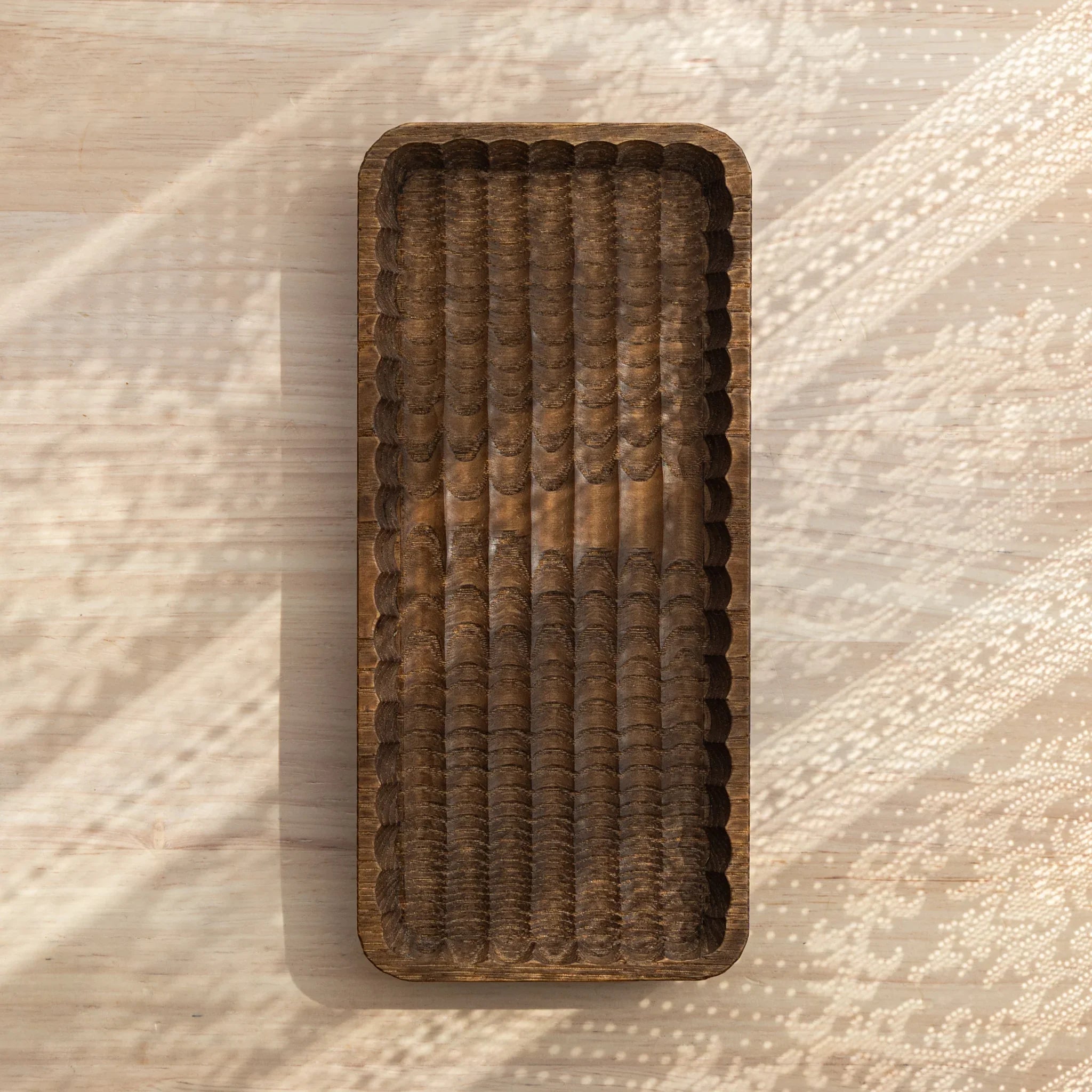 Top view of Hand-Carved Slim Wagatabon Japanese Pen Tray with finely carved parallel grooves.