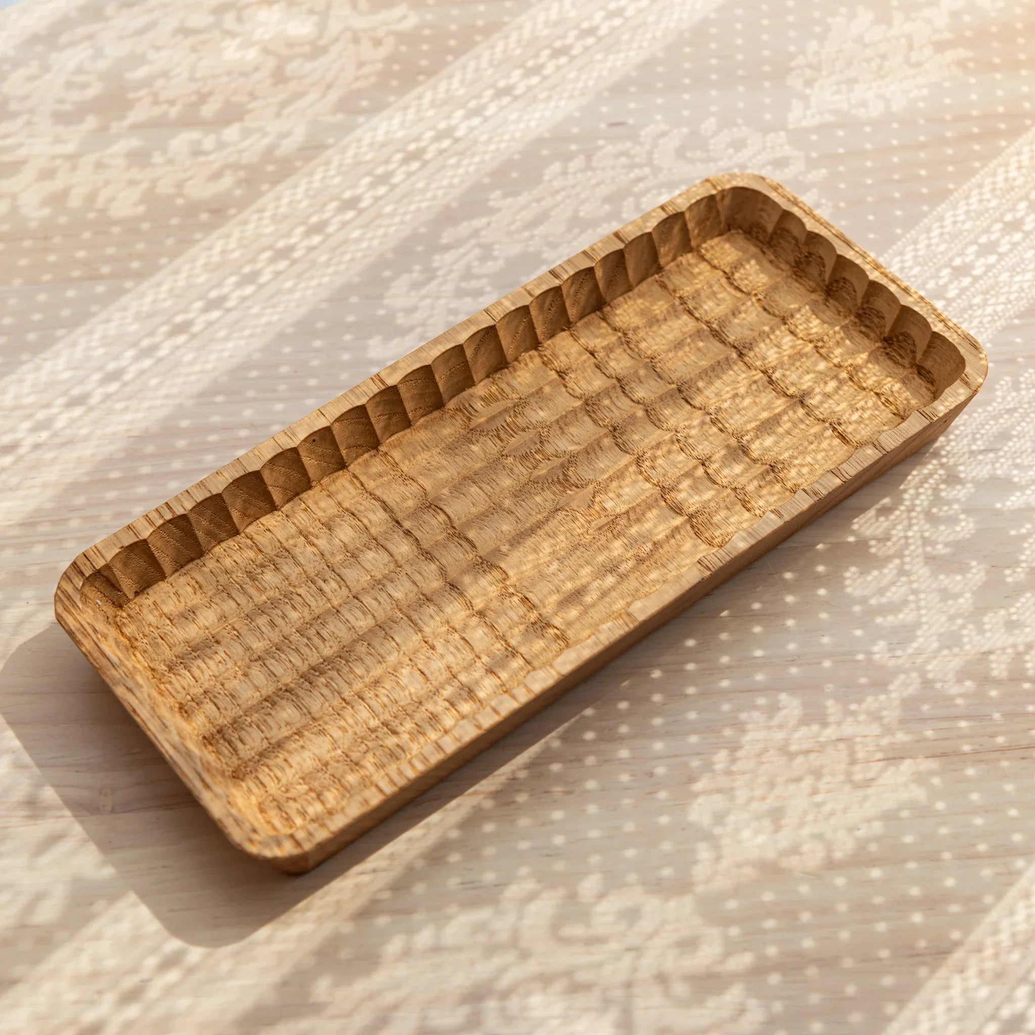 Hand-Carved Slim Wagatabon Japanese Pen Tray showcasing its parallel carved grooves and smooth finish.