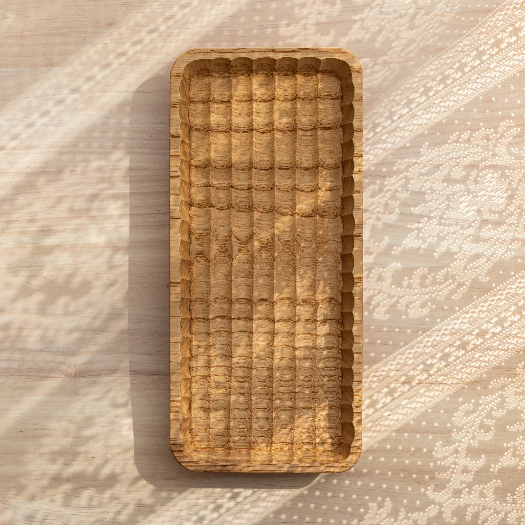 Top view of Hand-Carved Slim Wagatabon Japanese Pen Tray with finely carved parallel grooves.