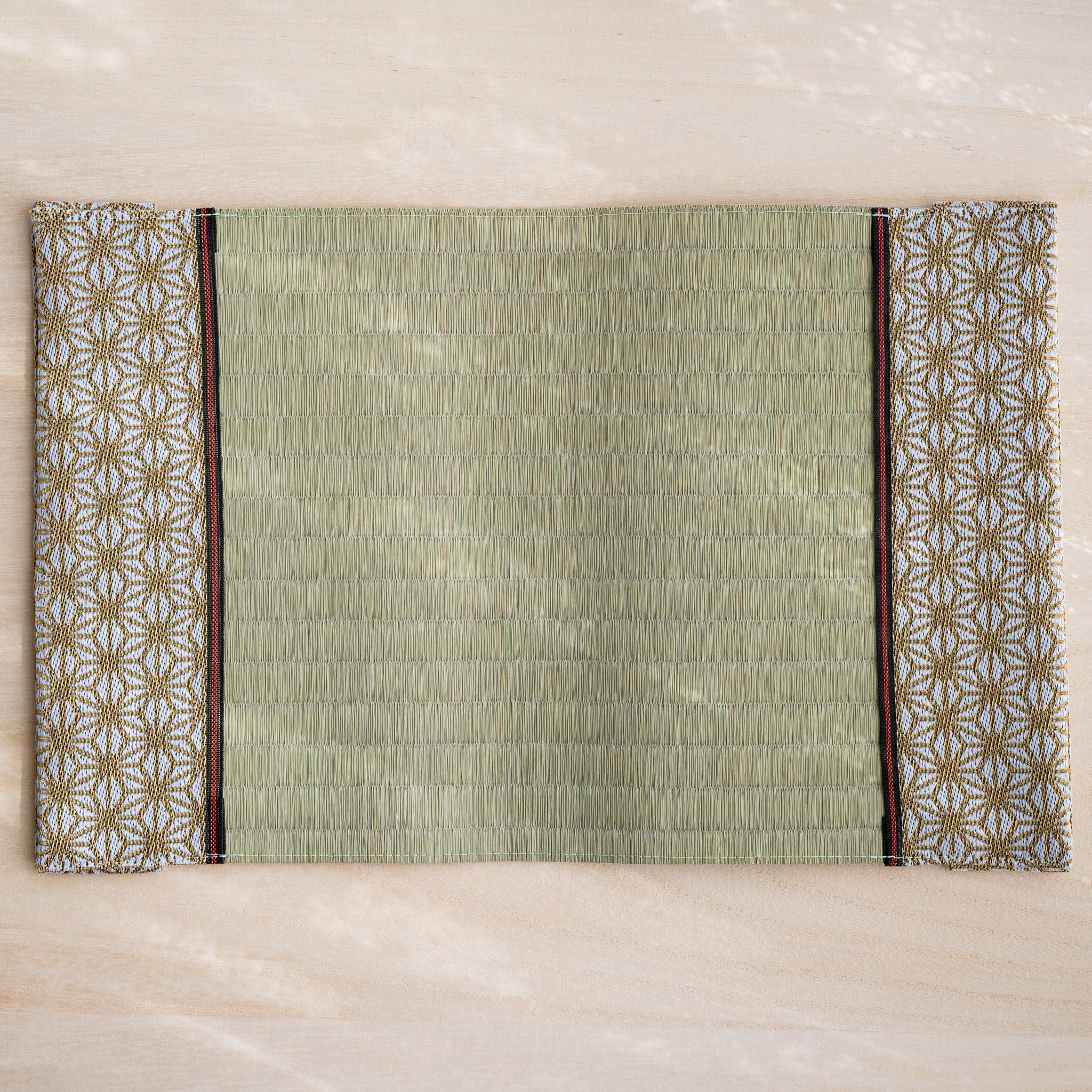 Hemp Leaves tatami book cover unfolded flat, inner side up, rush straw center with hemp leaf flaps and striped trim