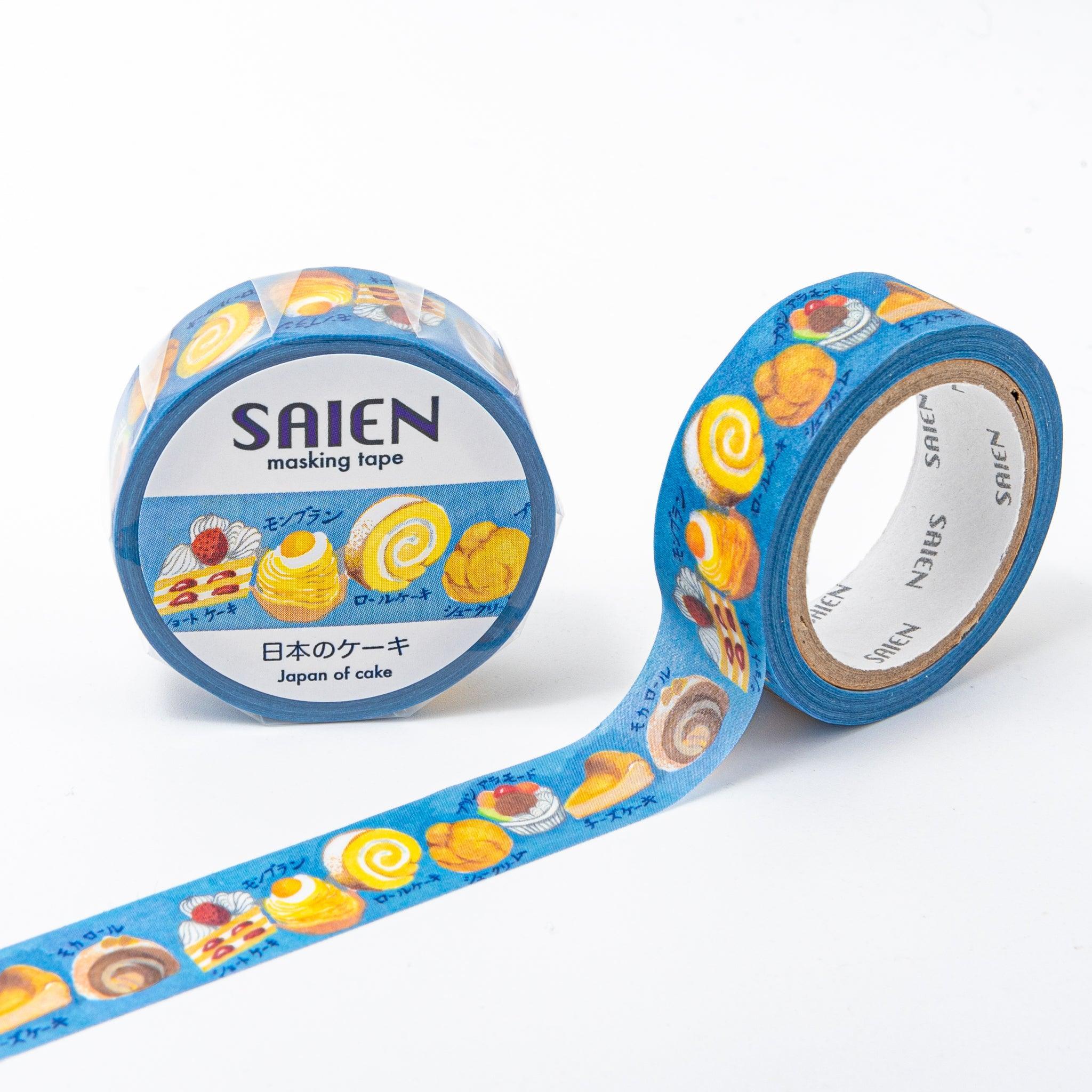 Blue washi tape from Japanese stationery brand SAIEN, featuring illustrations of Japanese cakes like roll cake, Mont Blanc, shortcake, and cream puffs on a bright blue background.  