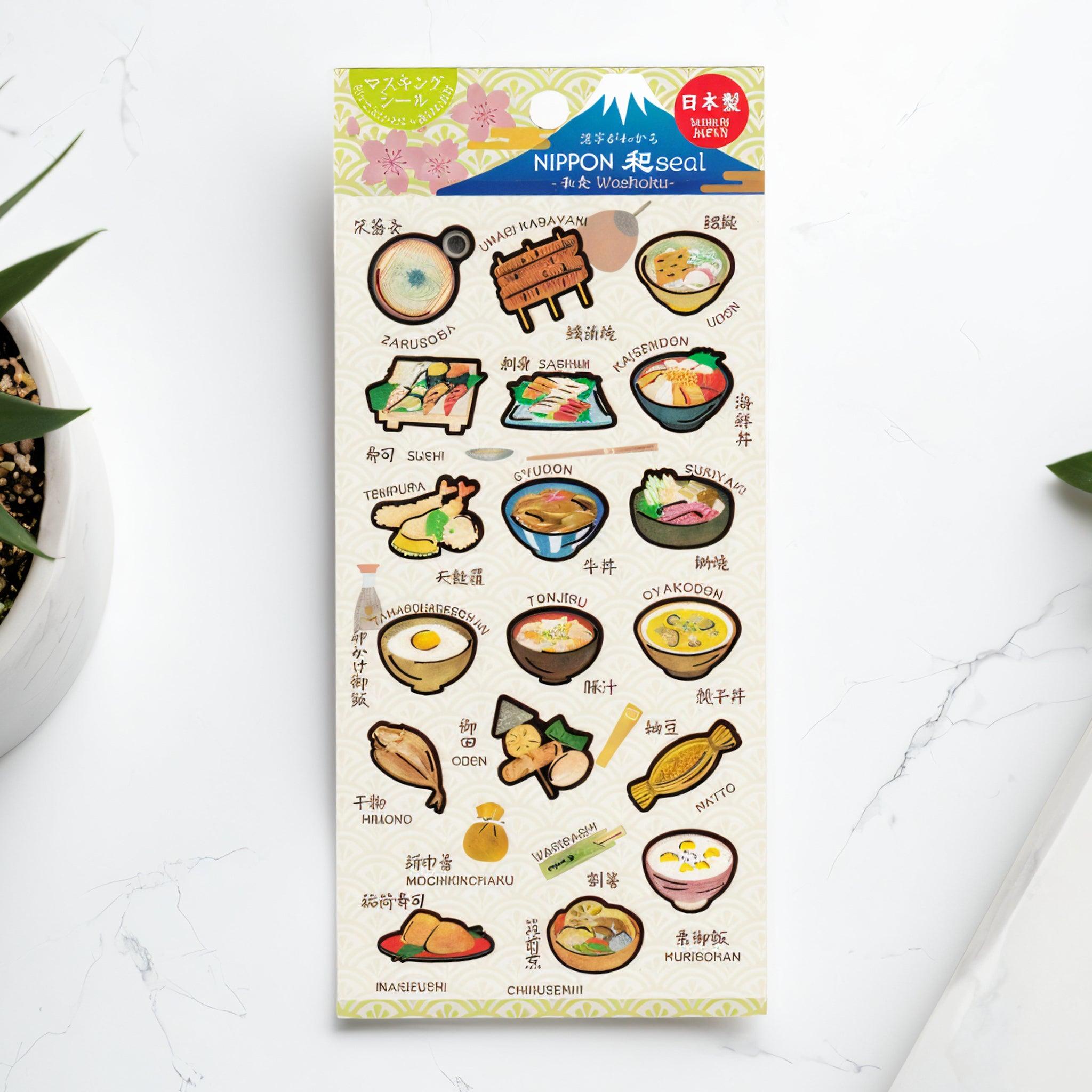 A Japanese stationery washi sticker sheet featuring traditional Japanese food designs, including sushi, udon, tempura, oden, and natto, with charming illustrations.