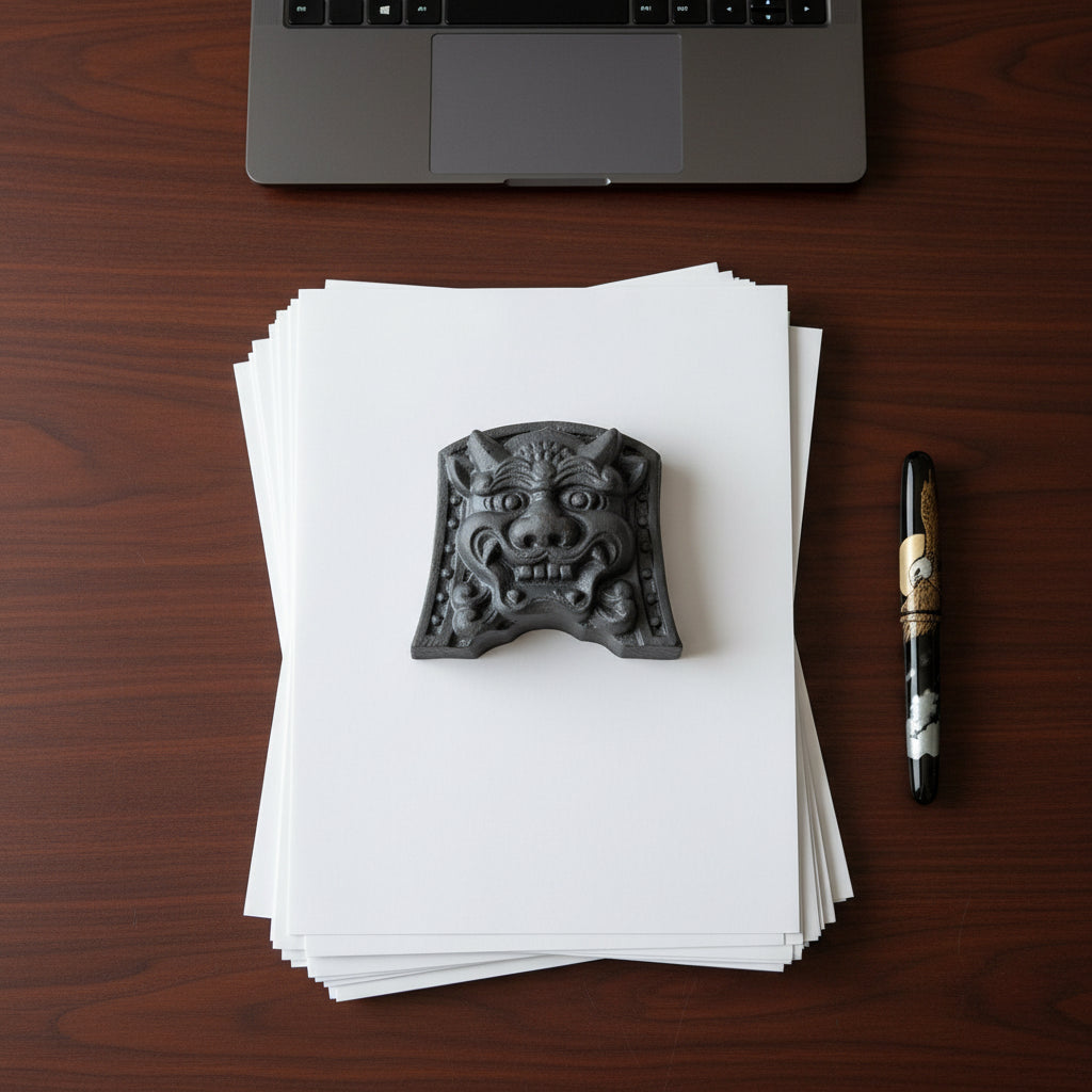 Japanese Paperweight Desk Accessory with resolute oni roof guardian face resting on lined paper, artisan ceramic piece.