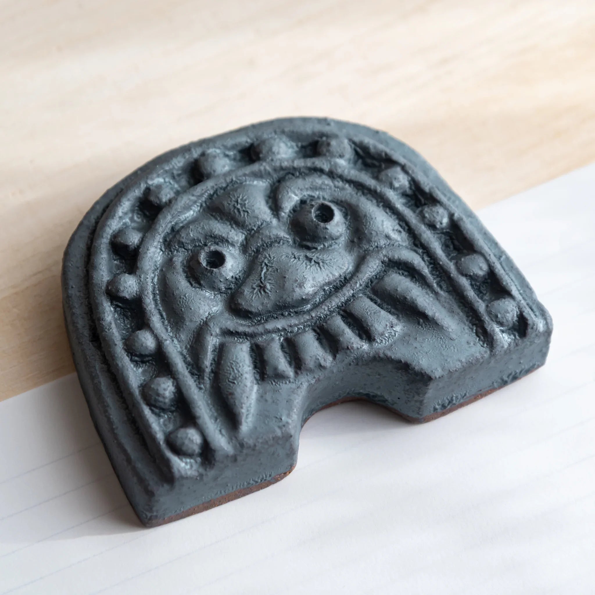 Handcrafted Japanese Paperweight inspired by Oni-gawara roof tiles, refined Desk Accessory symbolizing calm protection.