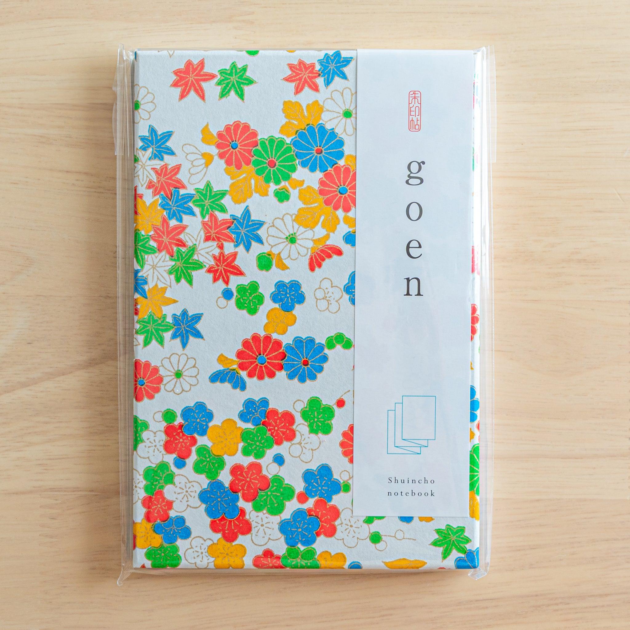 Goshuincho stamp book with colorful floral cover, featuring various flowers in vibrant Japanese stationery style.
