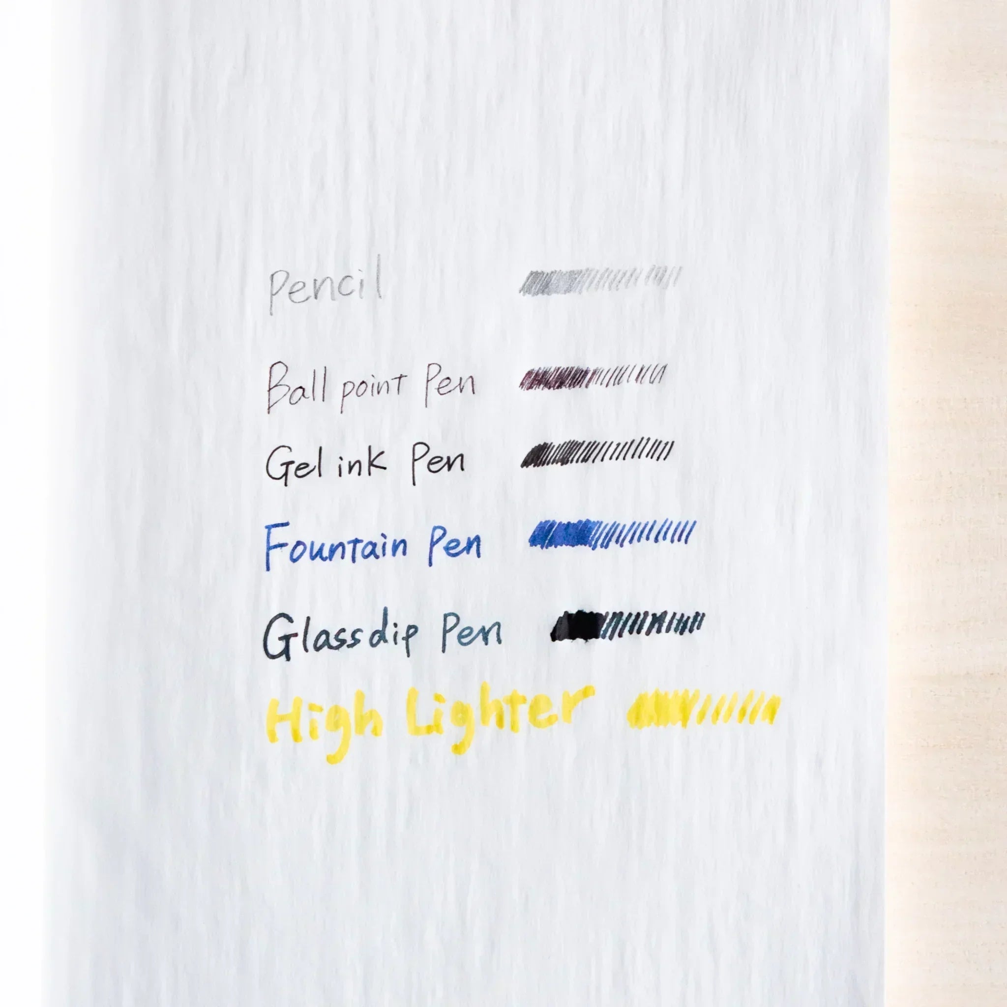 Bleed-through test on Dressco Onion Skin Paper showing pencil, pens, and highlighter marks on thin Japanese paper.