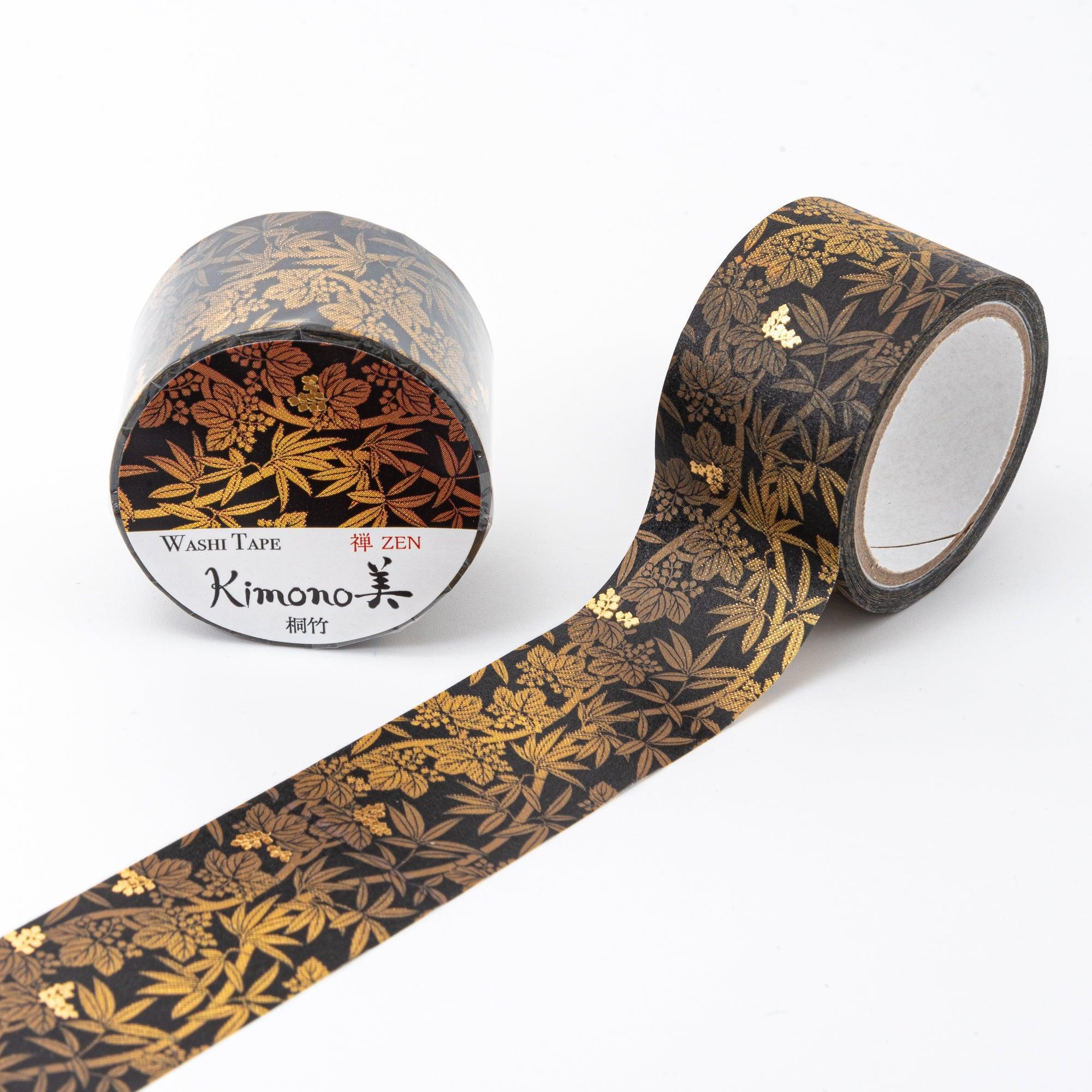 Black washi tape with golden bamboo leaf patterns, combining modern craftsmanship with traditional Japanese motifs.