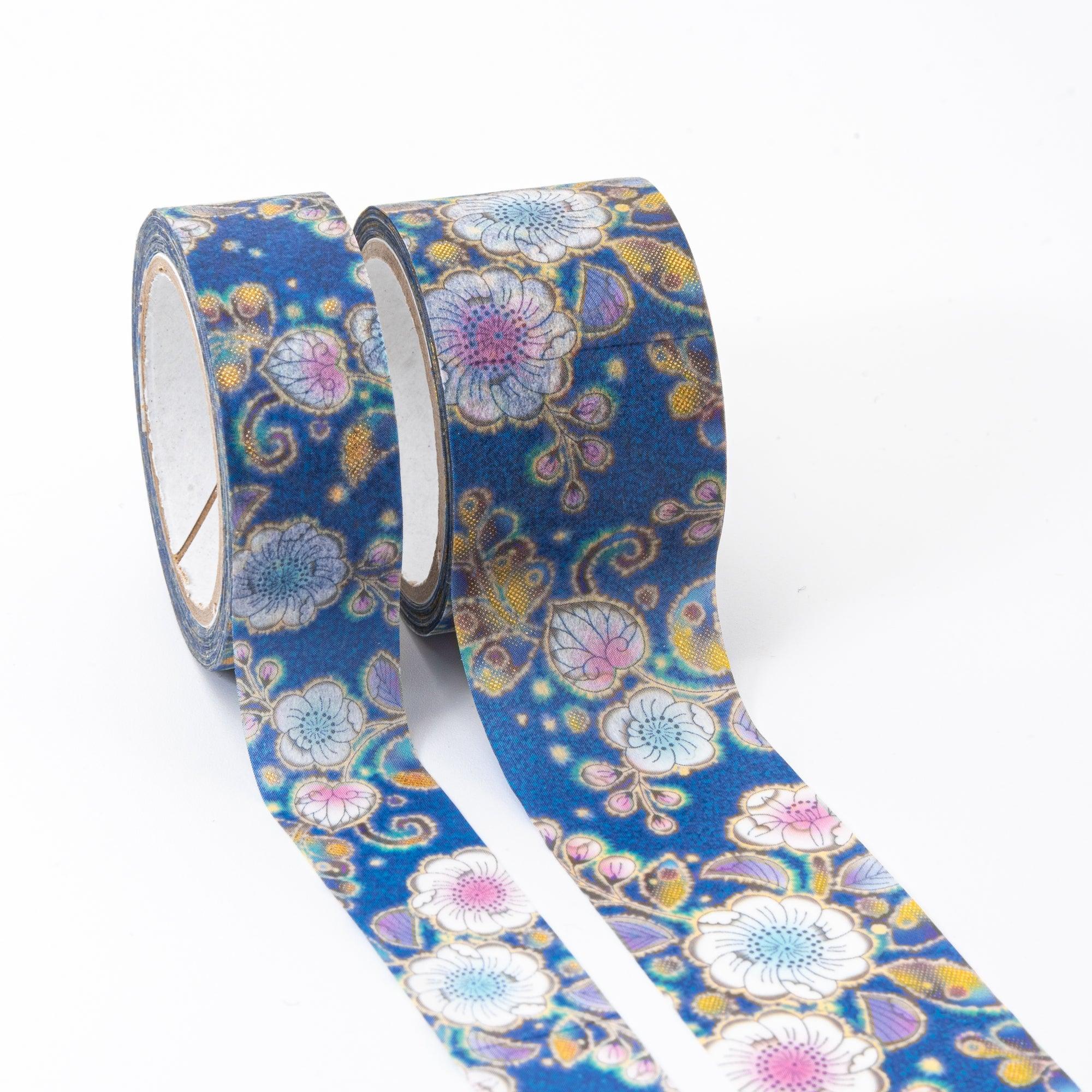 Kimono Beauty Series Iyo Washi Tape with blooming Tsujigahana patterns, elegantly displayed on a wooden desk for decoration.  