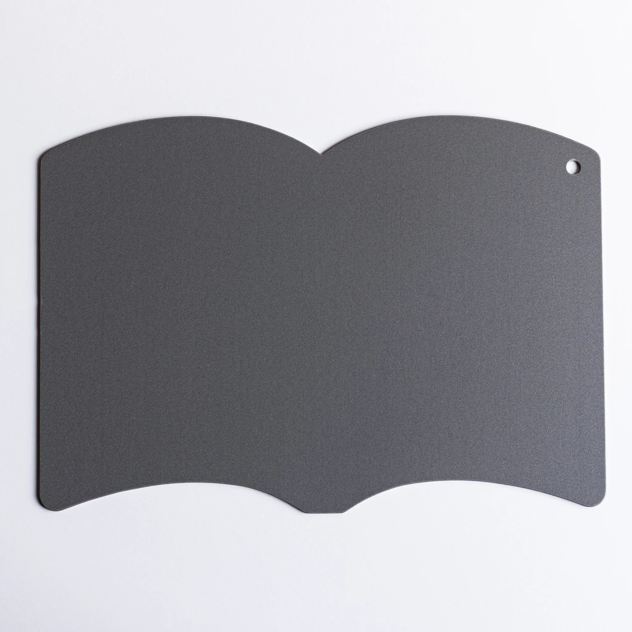 Two gray hinged drawing boards arranged flat showing book structure and closure mechanism and features