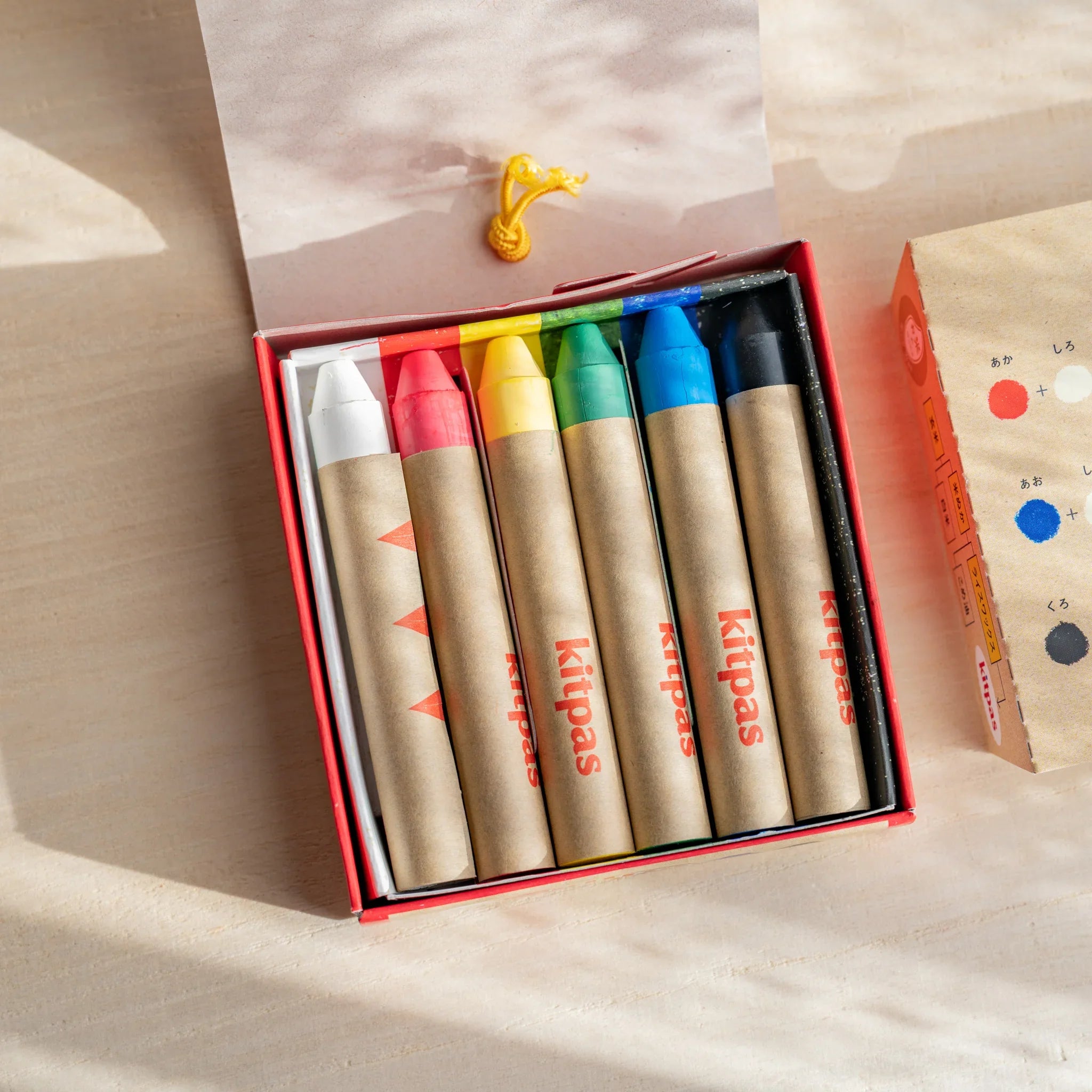 Kitpas Non-Toxic Rice Wax Watercolor Crayons 6-color set overhead perspective view of small crayon box