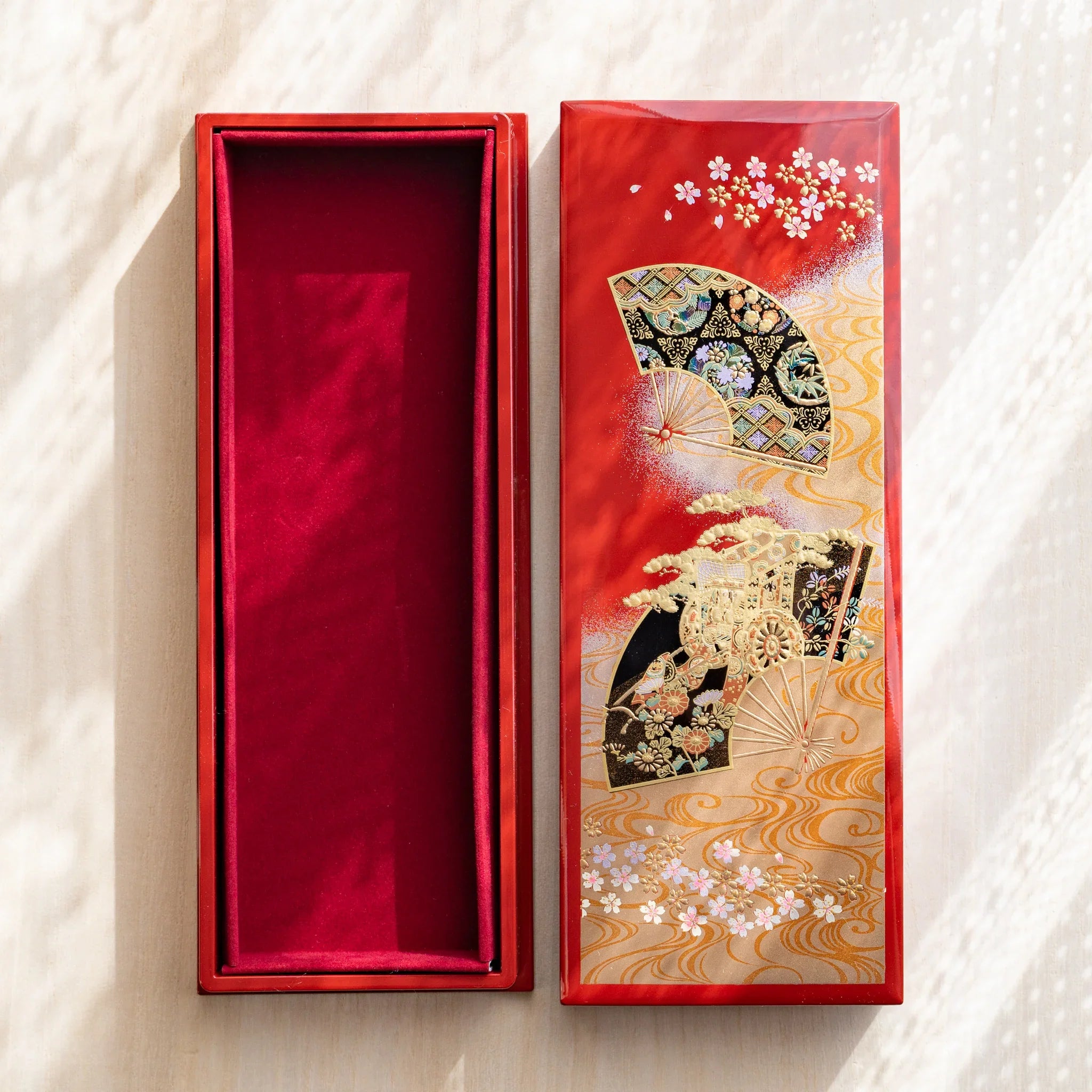 Interior of Japanese pen case lined with plush red felt, roomy compartment to hold pens securely and prevent scratches