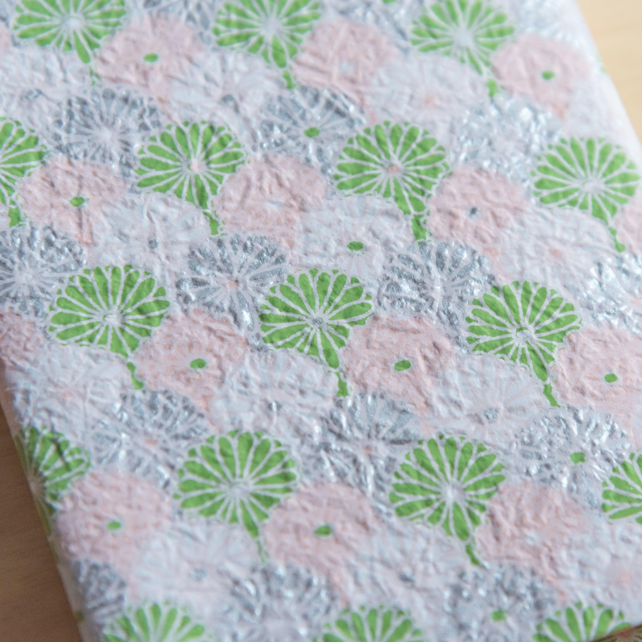 A close-up of a pink and green fan-like pattern with silver accents, showing intricate textures on the notebook cover.