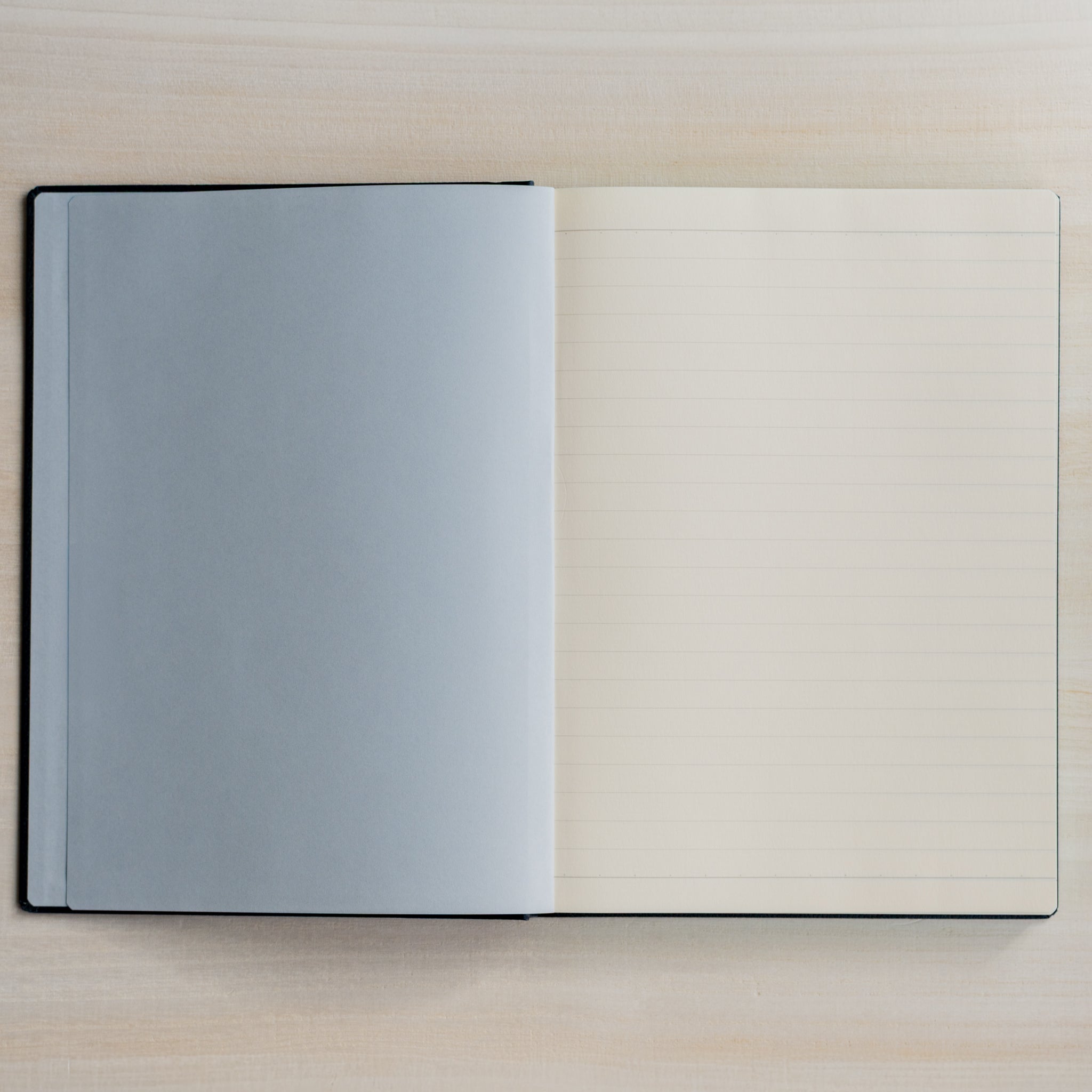 Life Noble hard cover notebook A5 opened flat, showing lined cream L Writing Paper, fountain pen friendly pages for journaling