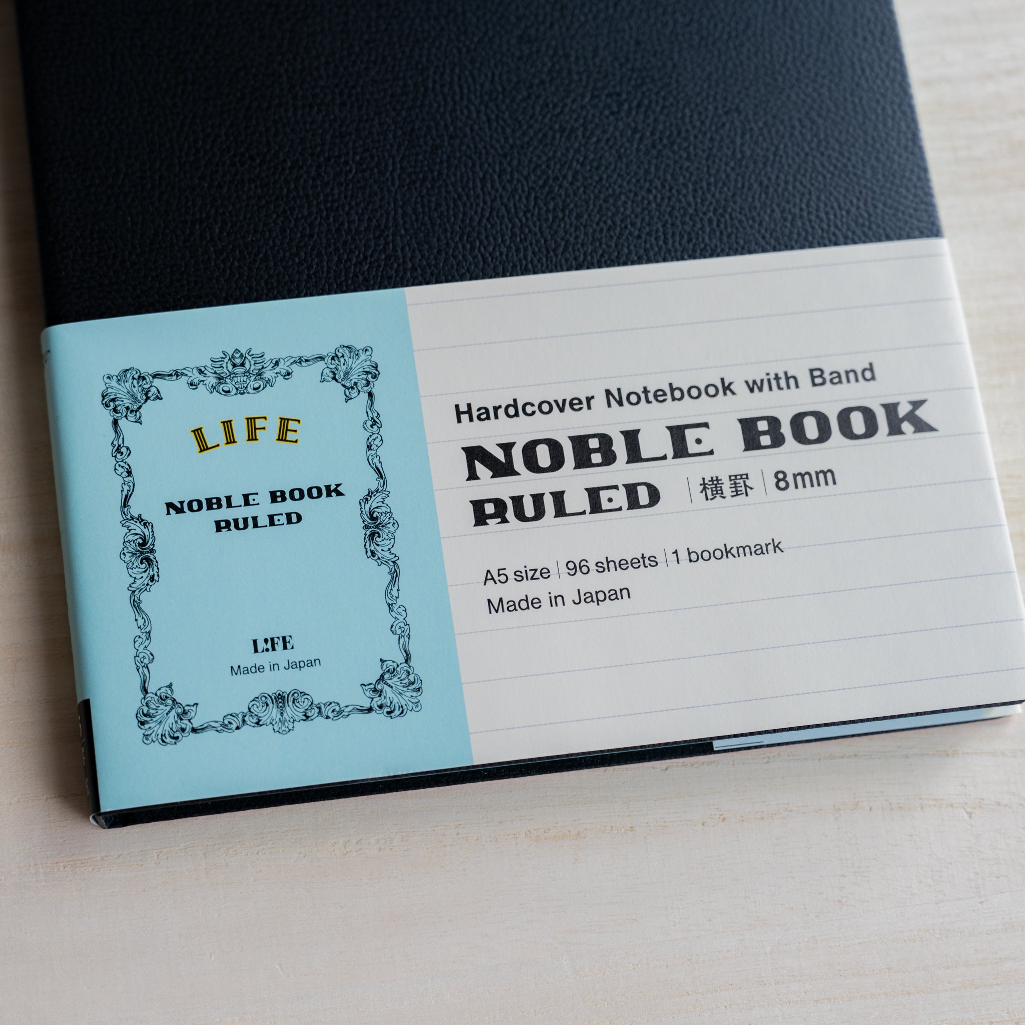 Life Noble hard cover notebook A5 with product label showing ruled pages and Made in Japan detail