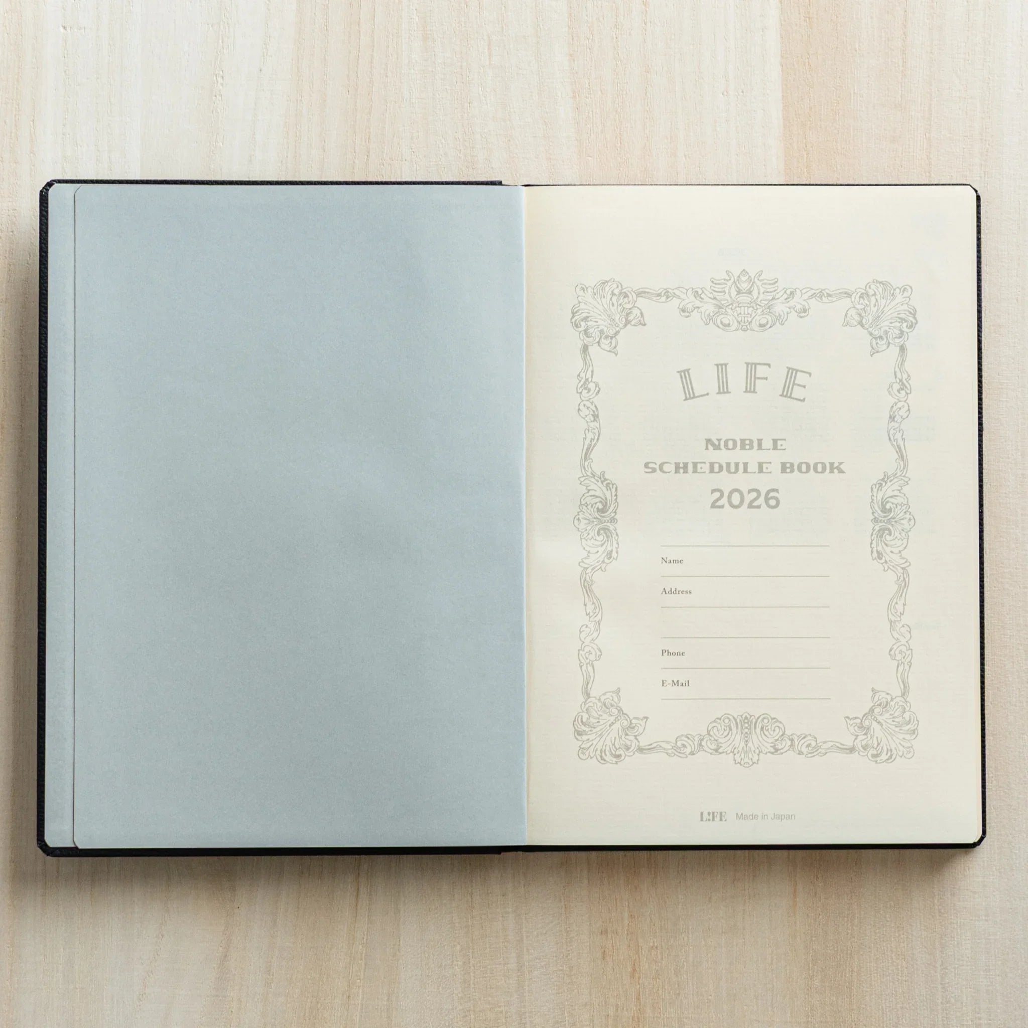 Open view of the LIFE Noble Planner 2026 Japanese Planner showing the decorative title page.