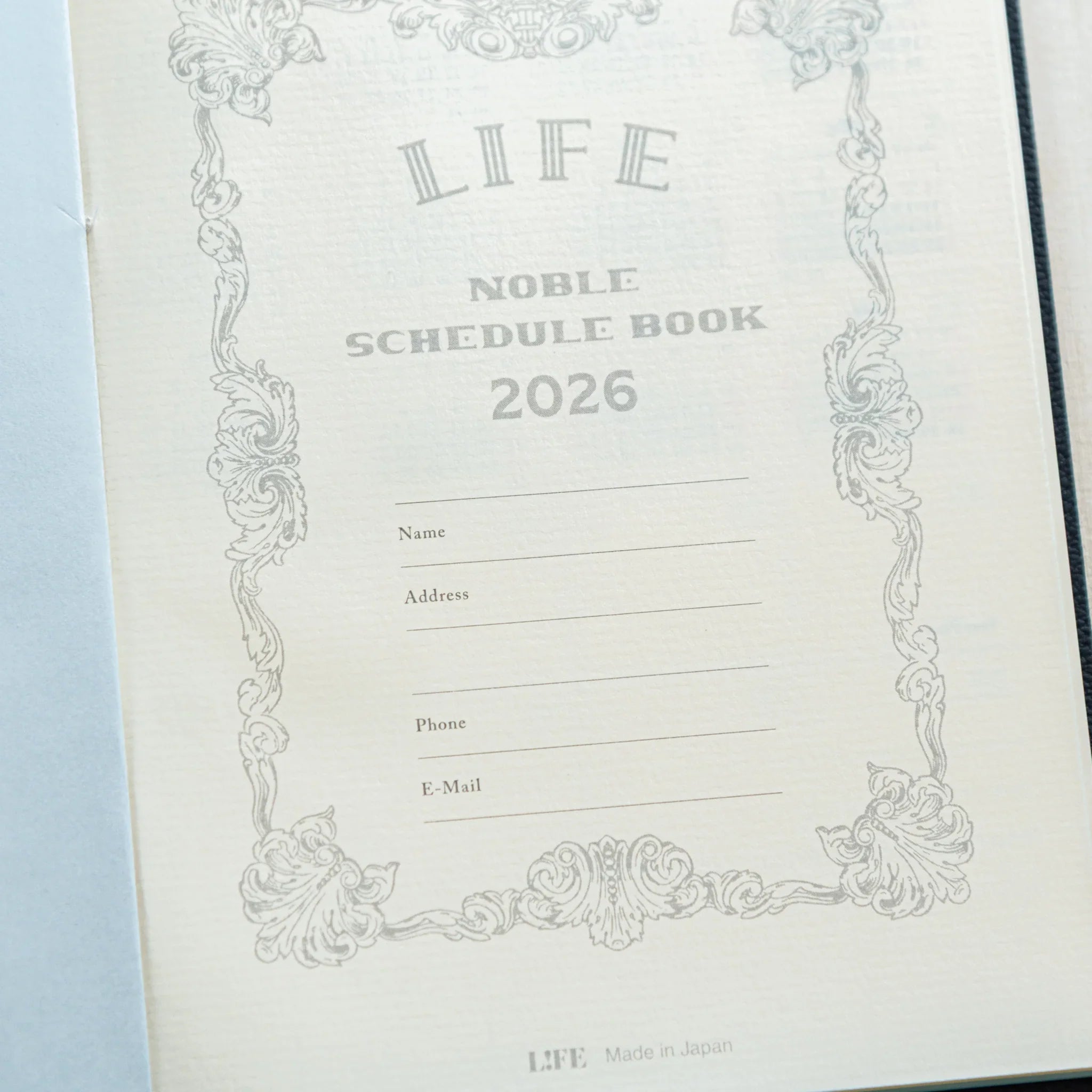 Decorative title page of the LIFE Noble Planner 2026 with ornate frame, fountain-pen-friendly Japanese Planner.