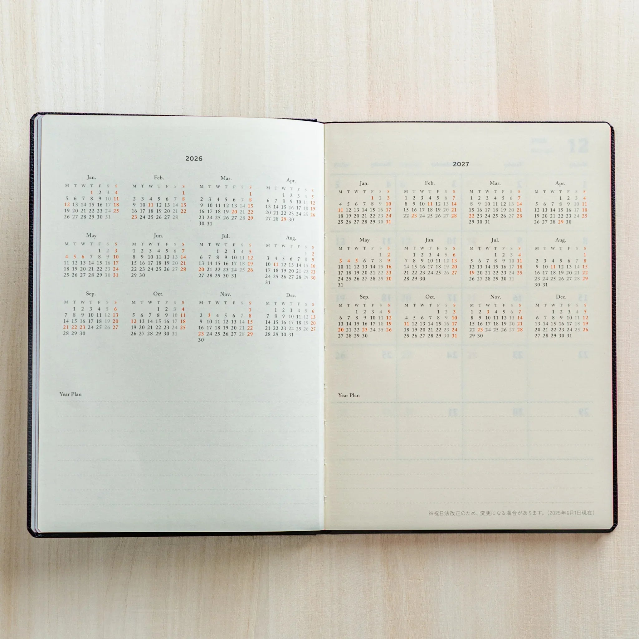 Life Noble Planner 2026 Japanese Planner open to full-year calendars for 2026 and 2027.