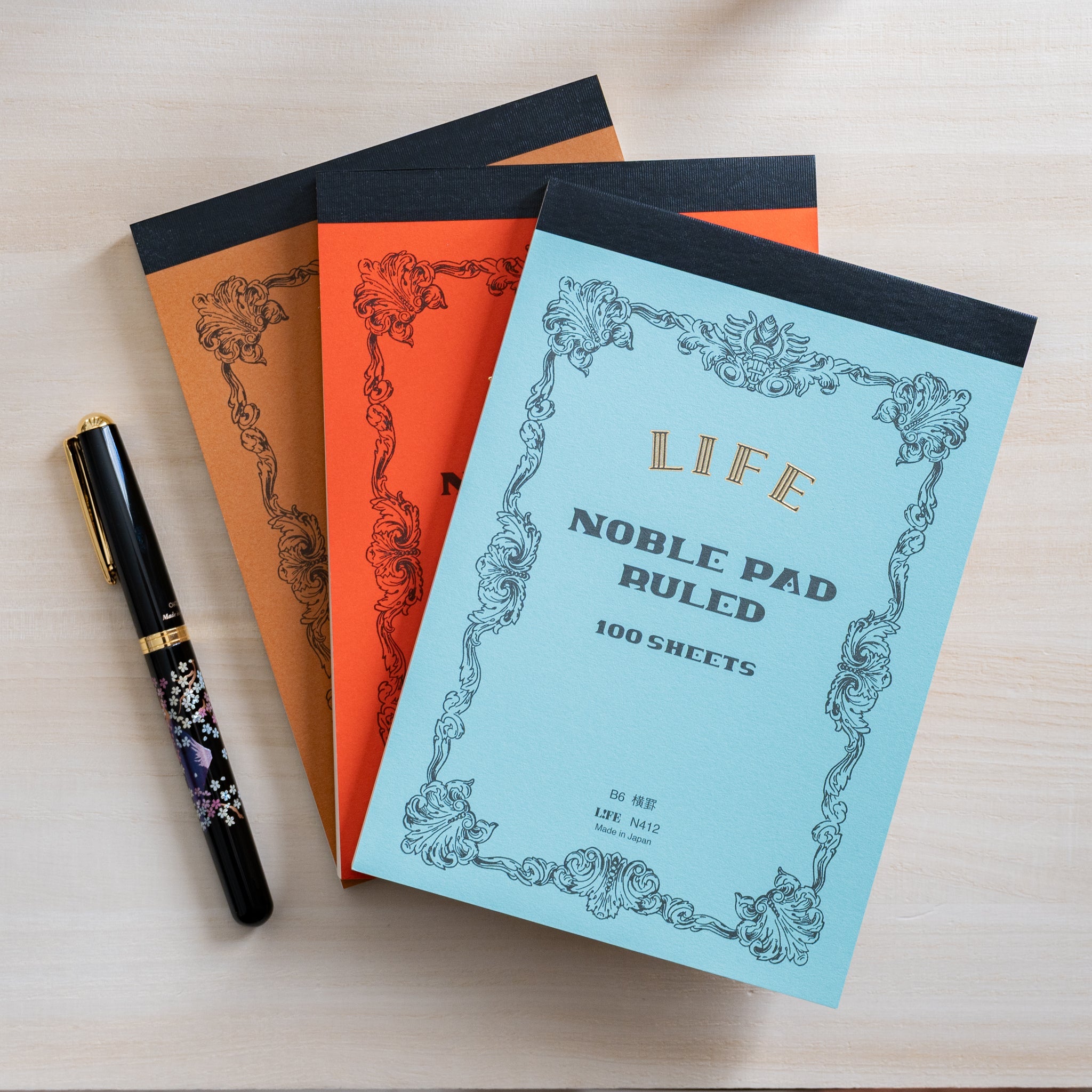 Life Noble writing pad B6 displayed with pen, featuring smooth Japanese L Writing Paper for fountain pen notes