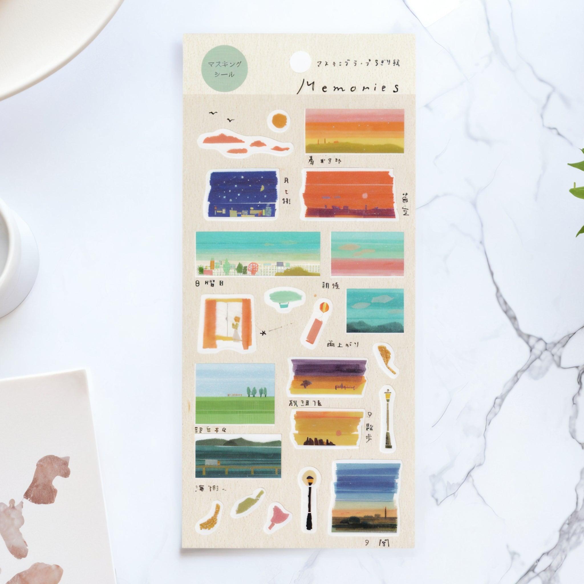 A Japanese stationery washi sticker sheet featuring serene landscape scenes, including sunsets, cityscapes, and night skies, beautifully illustrated in soft, nostalgic tones.