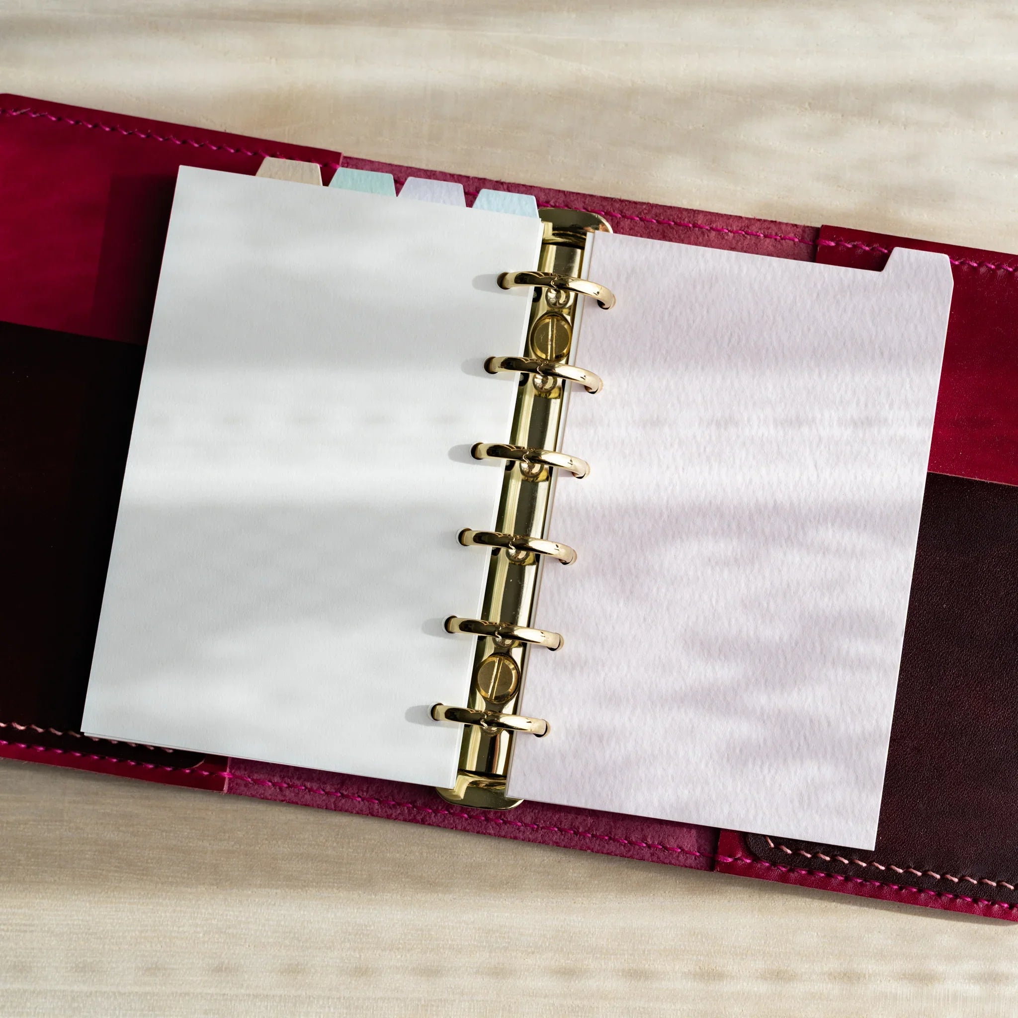 Mermaid top-tab index dividers for Mini 6 planners inserted in a ring binder, blank white pages with gold rings.