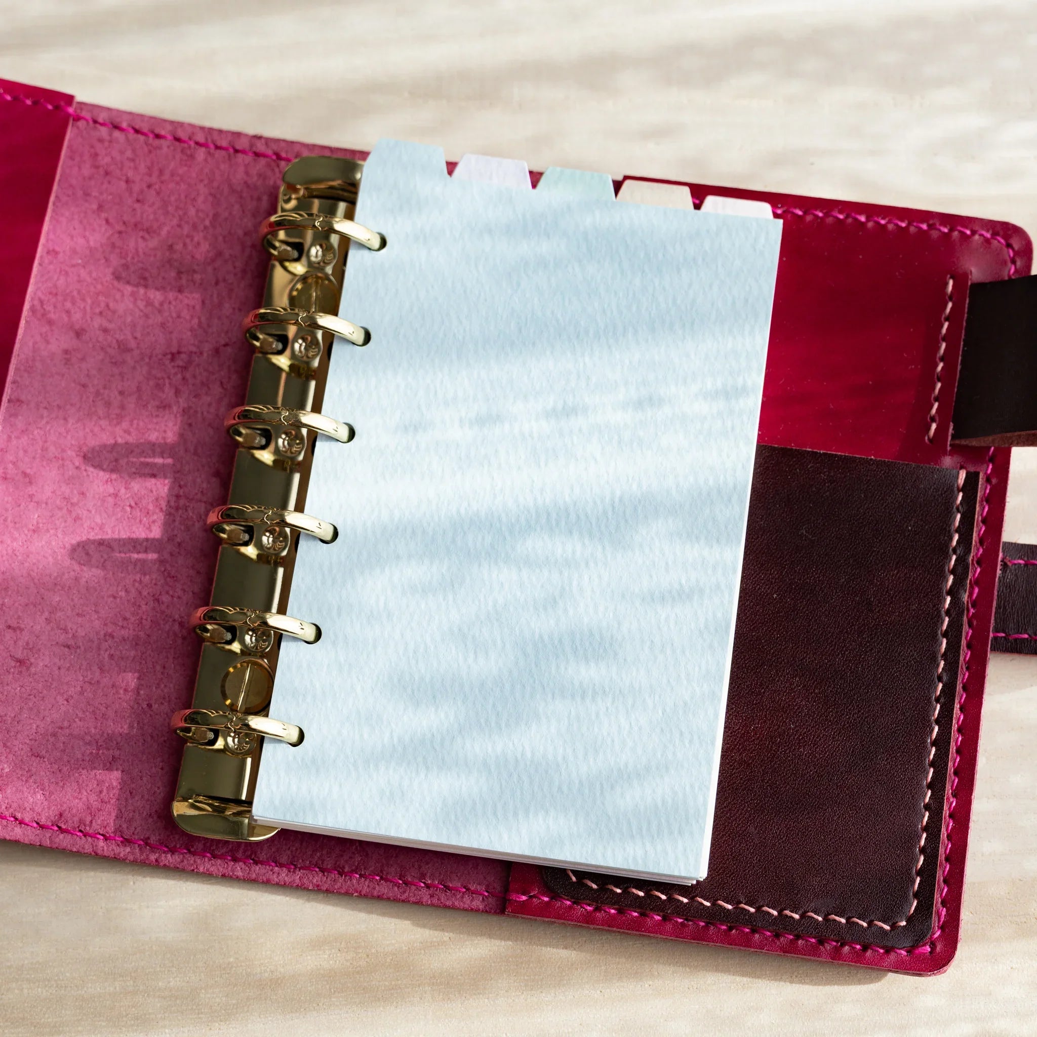 Japanese Stationery mini 6 planner with pastel blue index divider inserted in gold ring binder inside red leather cover.