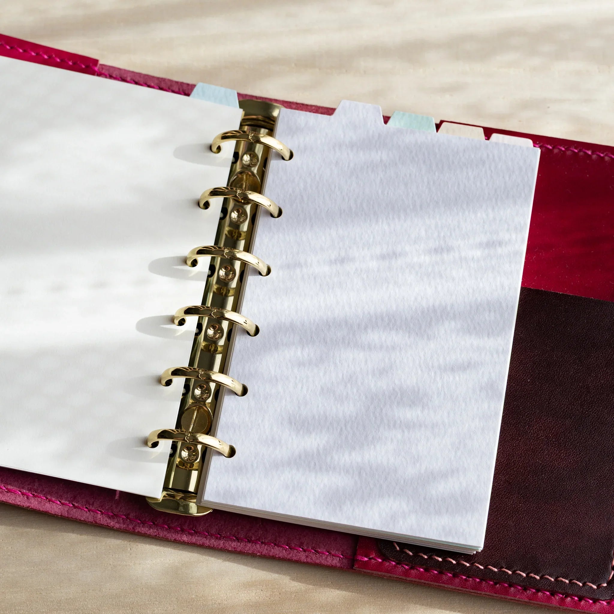 Japanese Stationery mini 6 planner open with pastel blue index divider in gold ring binder and red leather cover.