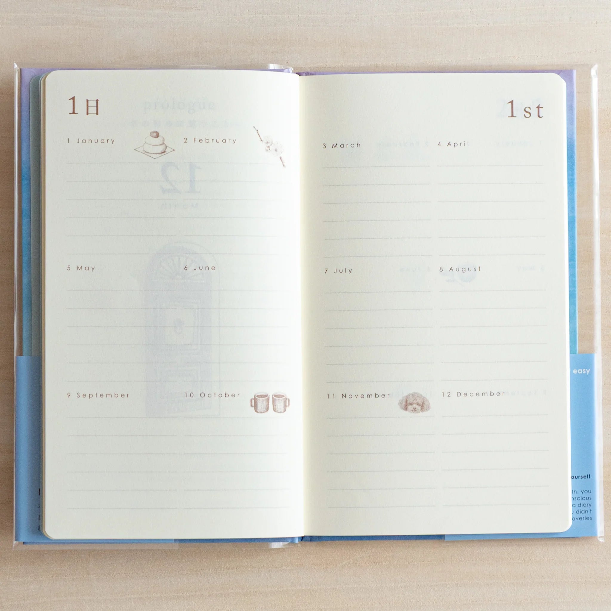 Monthly overview spread of Midori Japanese journal with lined boxes for each month and cute icons.