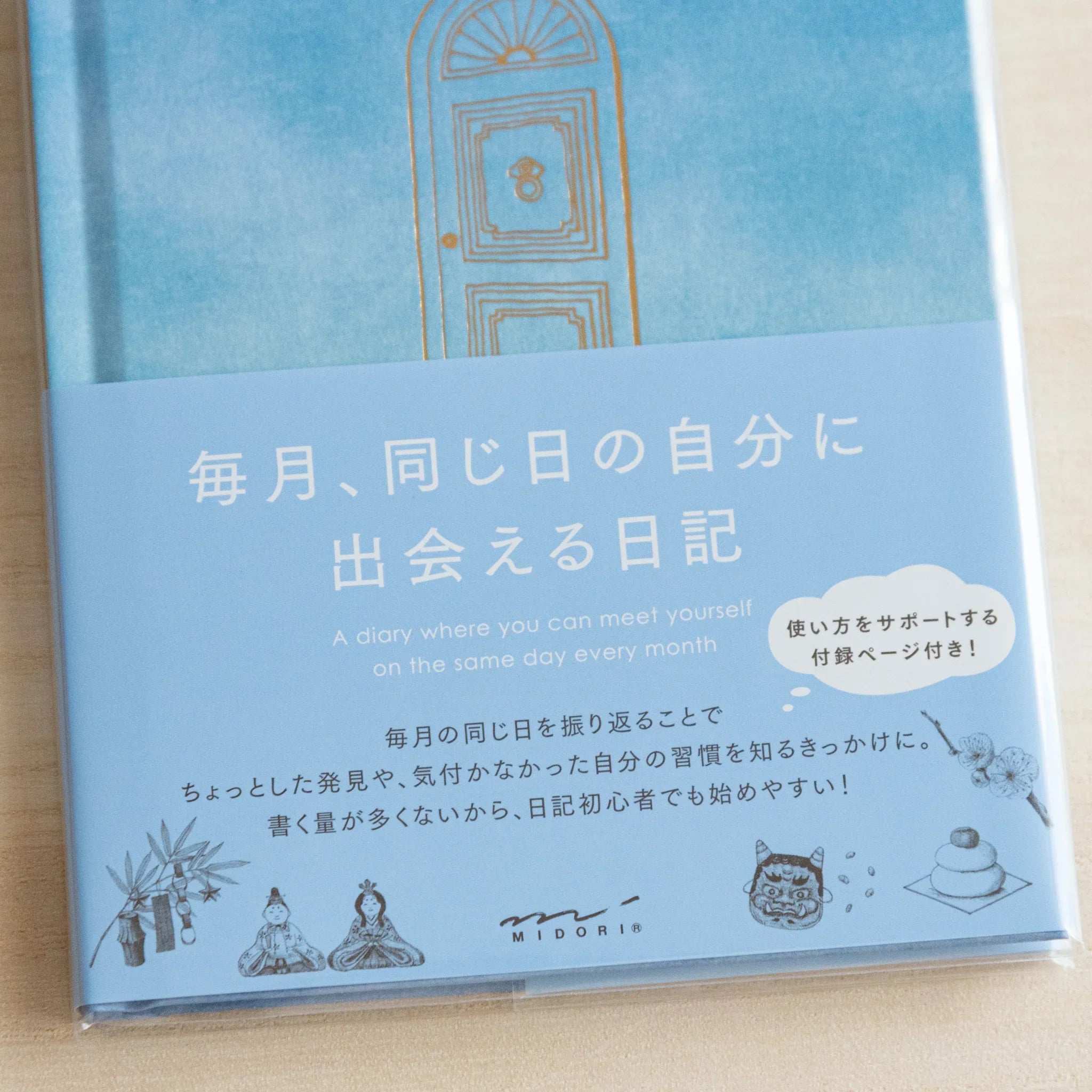 Detail of the Midori Japanese journal’s blue paper band with Japanese text and small illustrations.