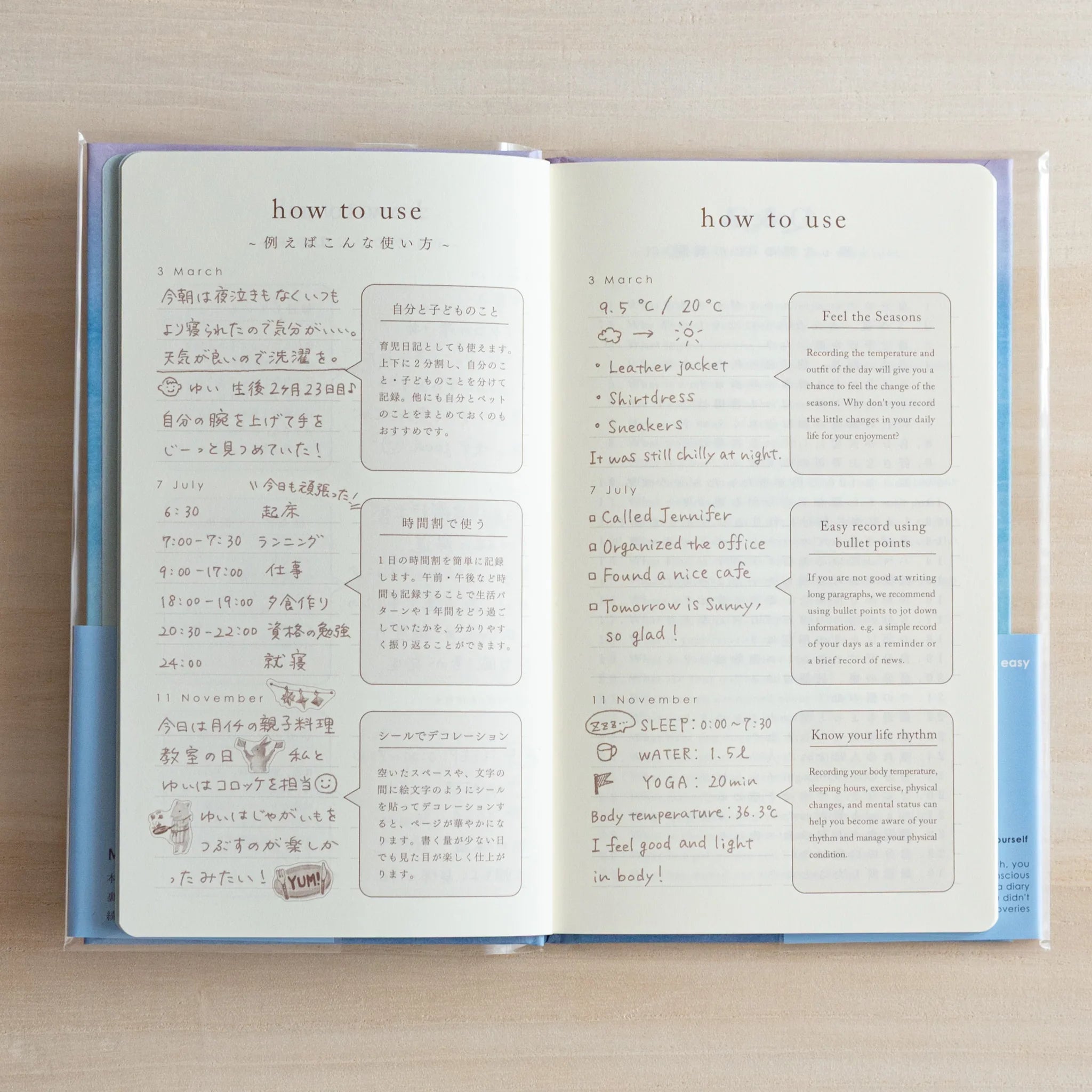 Example spread of Midori Japanese journal with handwritten entries and how‑to notes in Japanese.