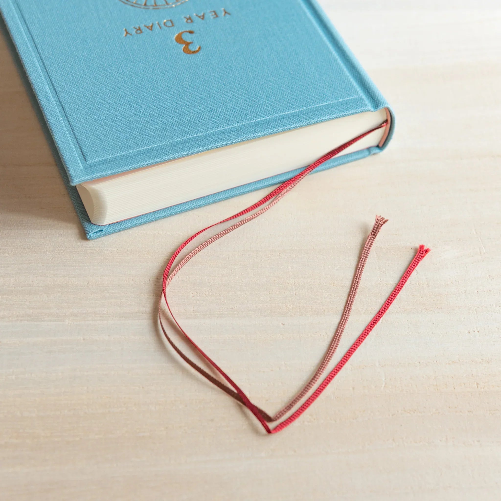 Midori Japanese journal 3 Year Diary Gate Design showing red and brown ribbon bookmarks extending from bottom.