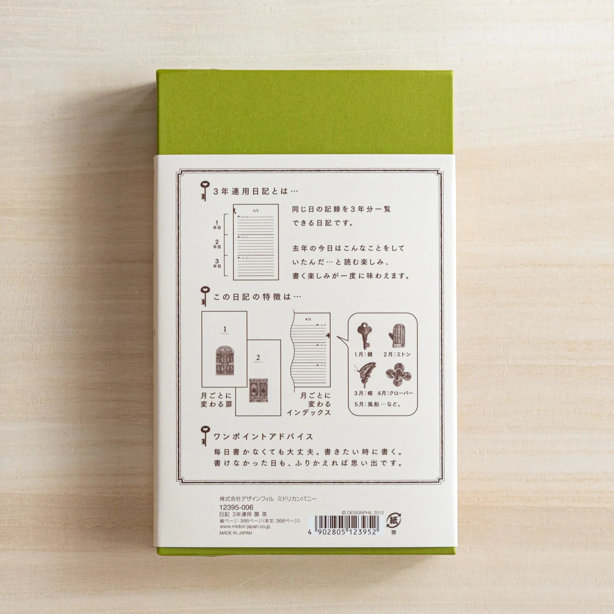 Back view of Midori Japanese Journal box showing product description and illustrations on a light wooden desk.