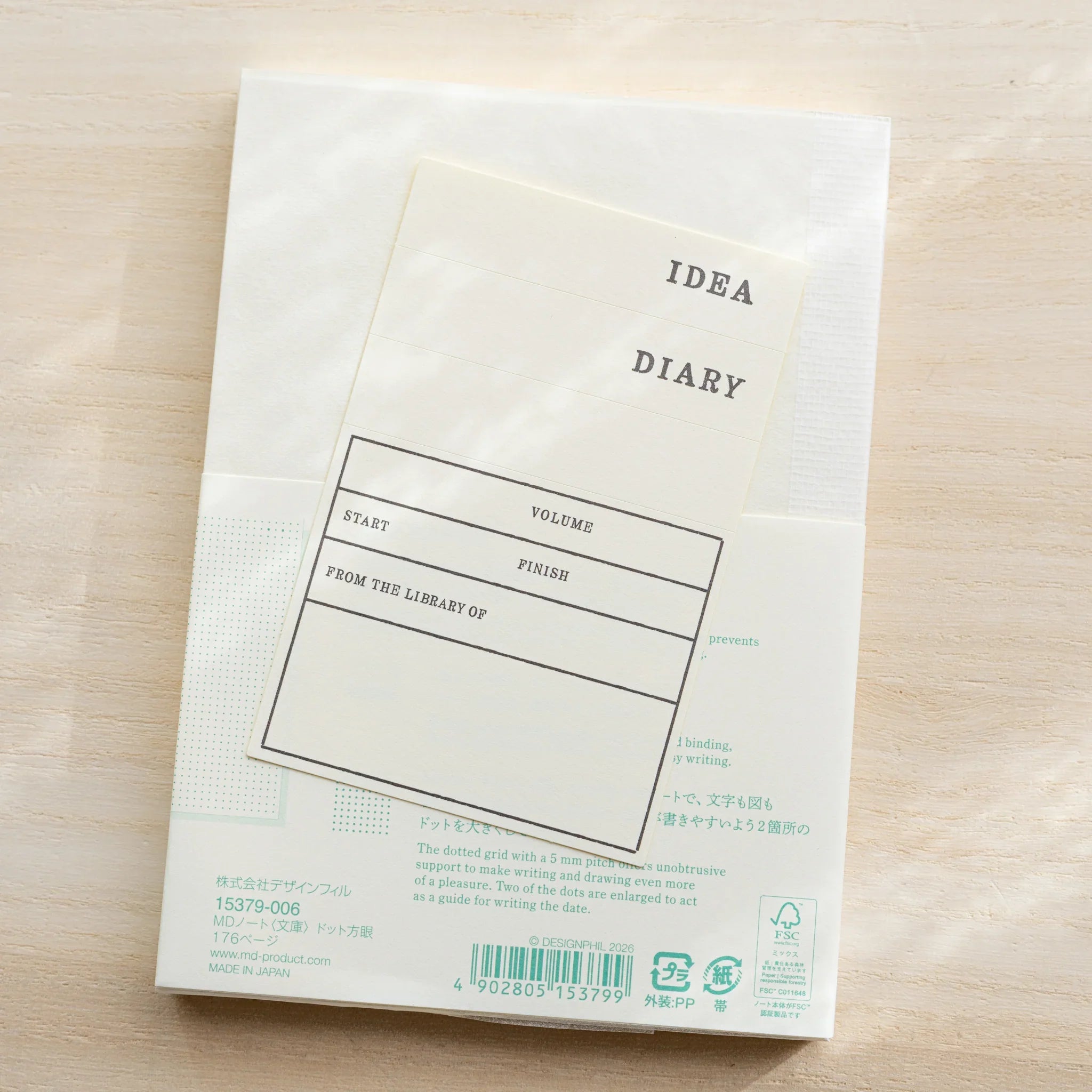 Midori MD Notebook A6 Dot Grid back cover showing IDEA DIARY fields, Japanese text, barcode, and Made in Japan