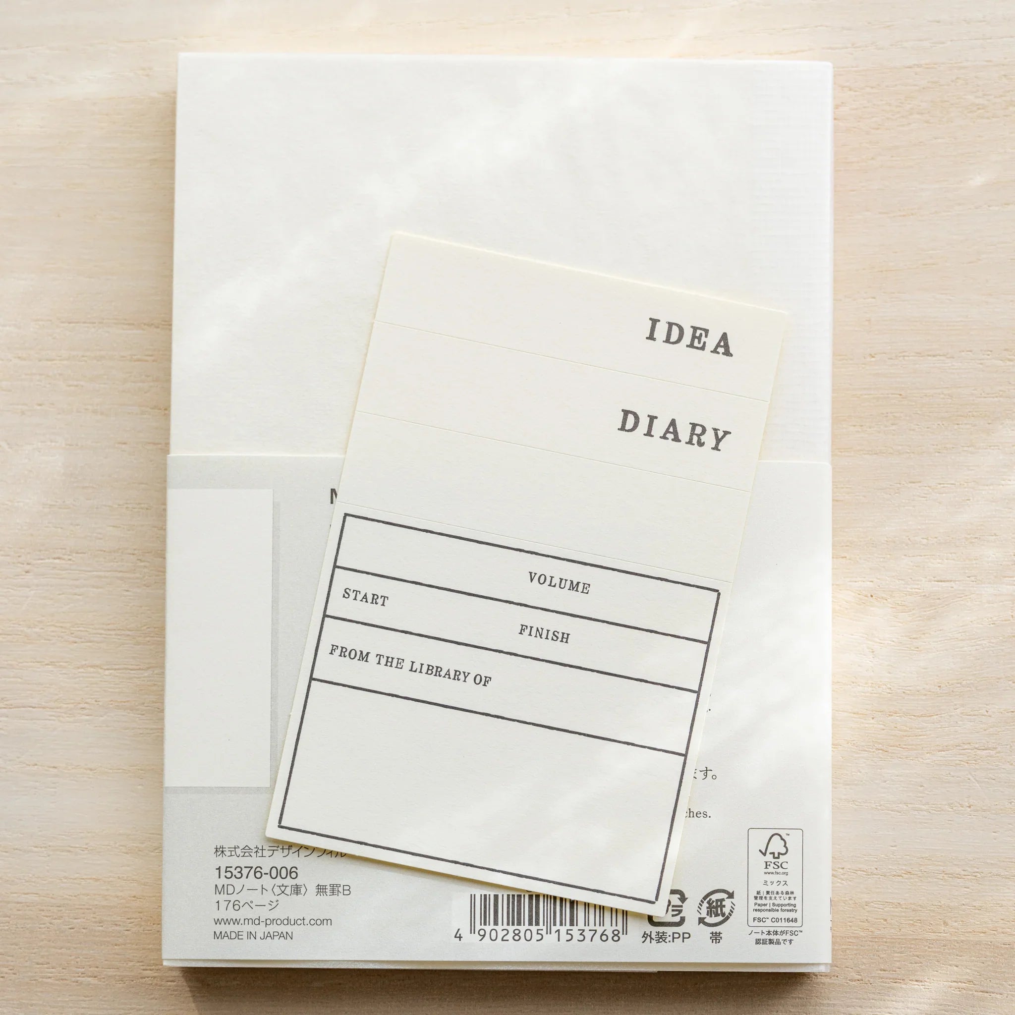 Midori MD Notebook A6 Blank back cover showing IDEA DIARY label and library bookplate with VOLUME, START, FINISH fields
