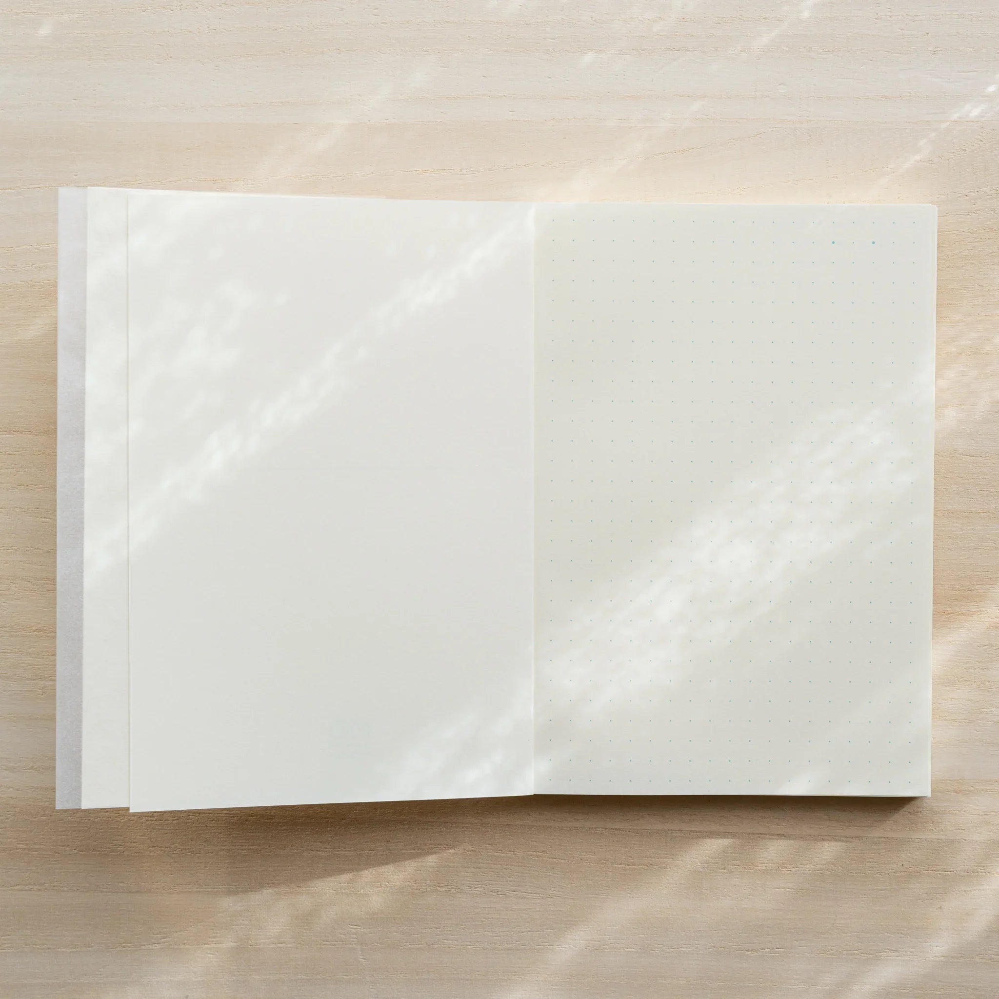 Midori MD Notebook A6 opened flat from above, translucent glassine left page and blank ivory right page, center spine visible